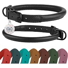 Rolled Leather Dog Collar Soft Round Design Prevents Tangling & Matting with ID Tag for Small, Medium & Large Dogs 11-14 inch, Black Midnight