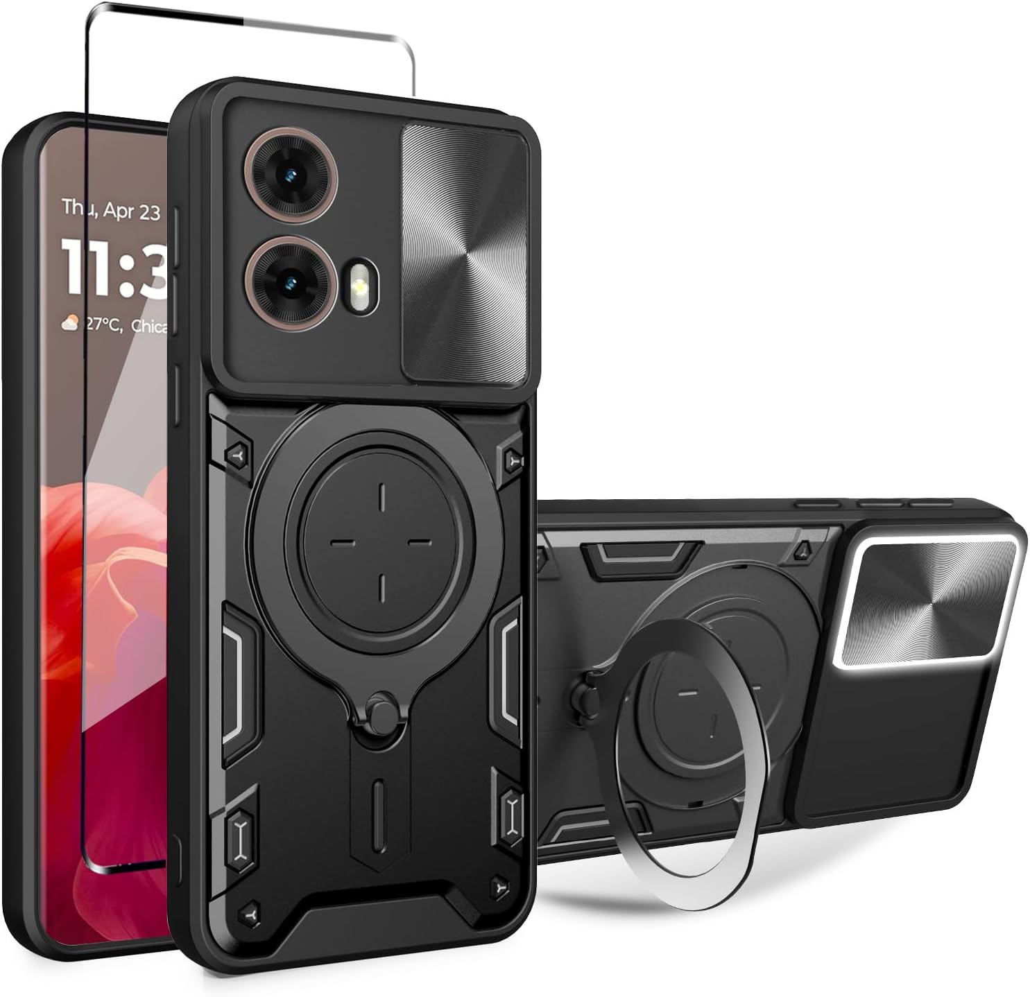 for Motorola Moto G85 5G Case Cover with Screen Protector Slide Window Cover with Built-in Magnetic Kickstand Camera Protection Case - Black