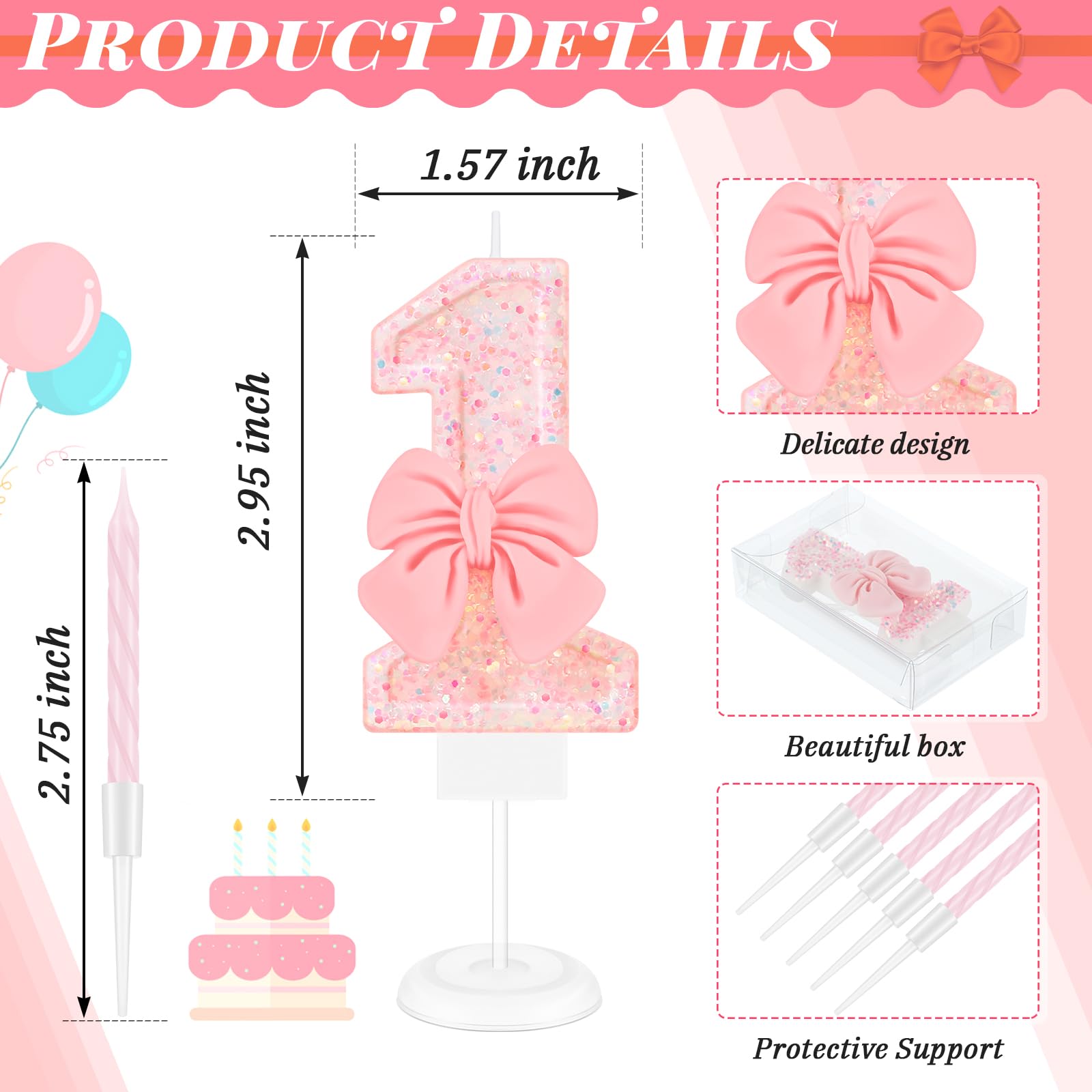MTLEE 1st Number Birthday Candle Girls Pink Bow Glitter Happy Birthday Number Cake Topper with 10 Long Thin Spiral Cupcake Candle Bowknot Cake Decorations for Wedding Anniversary Princess Theme Party