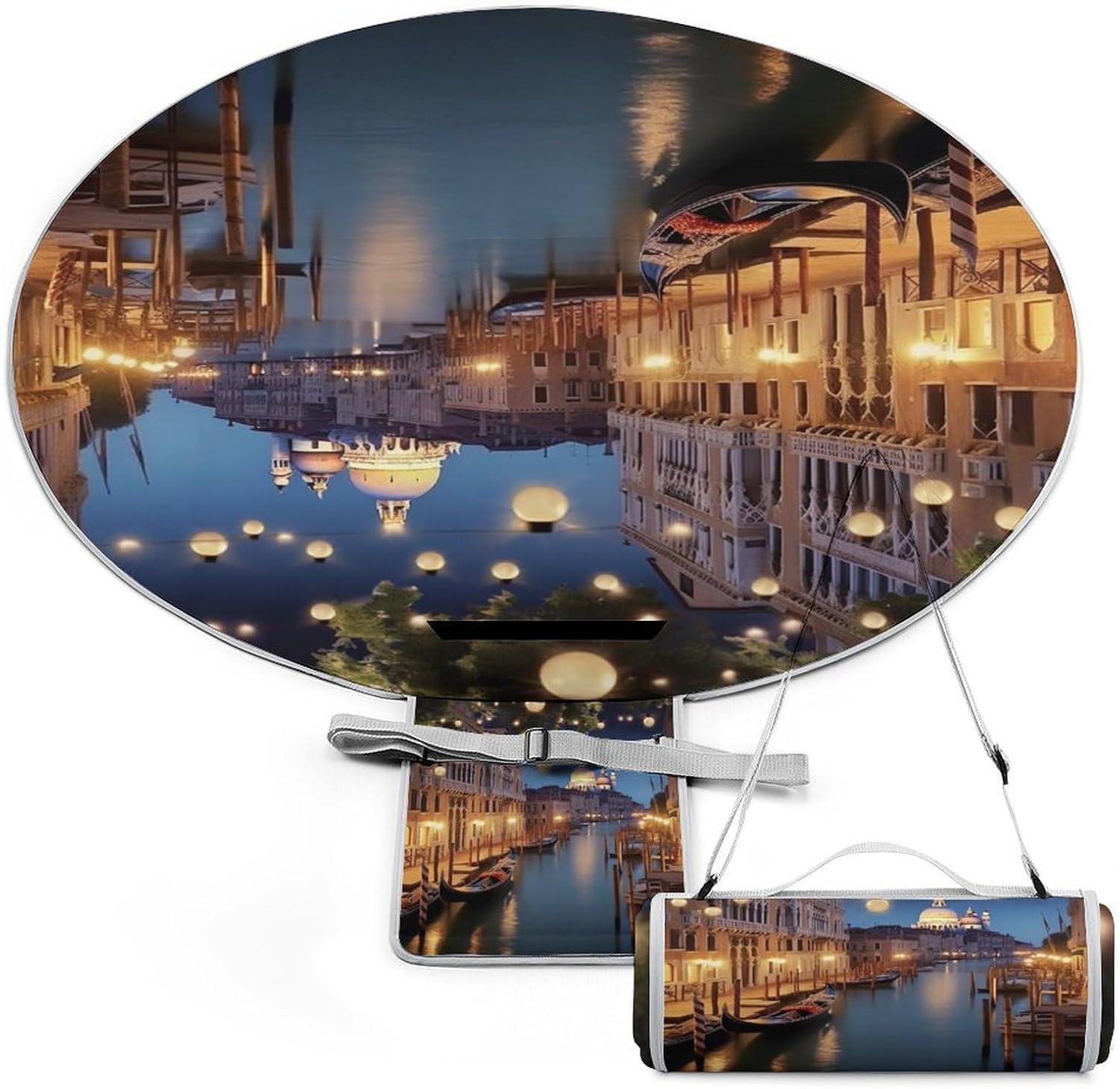 Beautiful Venice at Night Round Outdoor Picnic Mat Foldable Waterproof Beach Camping Blanket Outdoor Rug with Sponge Padding