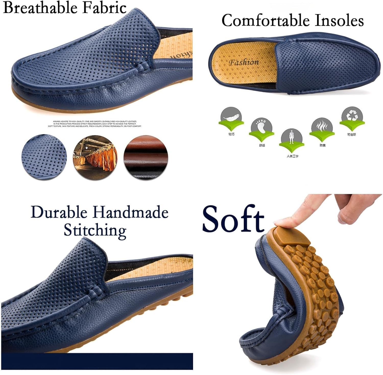 Men's Hollow Leather Slip On Mules Clog Slippers Casual Round Toe Backless Flat Loafers Dress Shoes for Walking Wedding