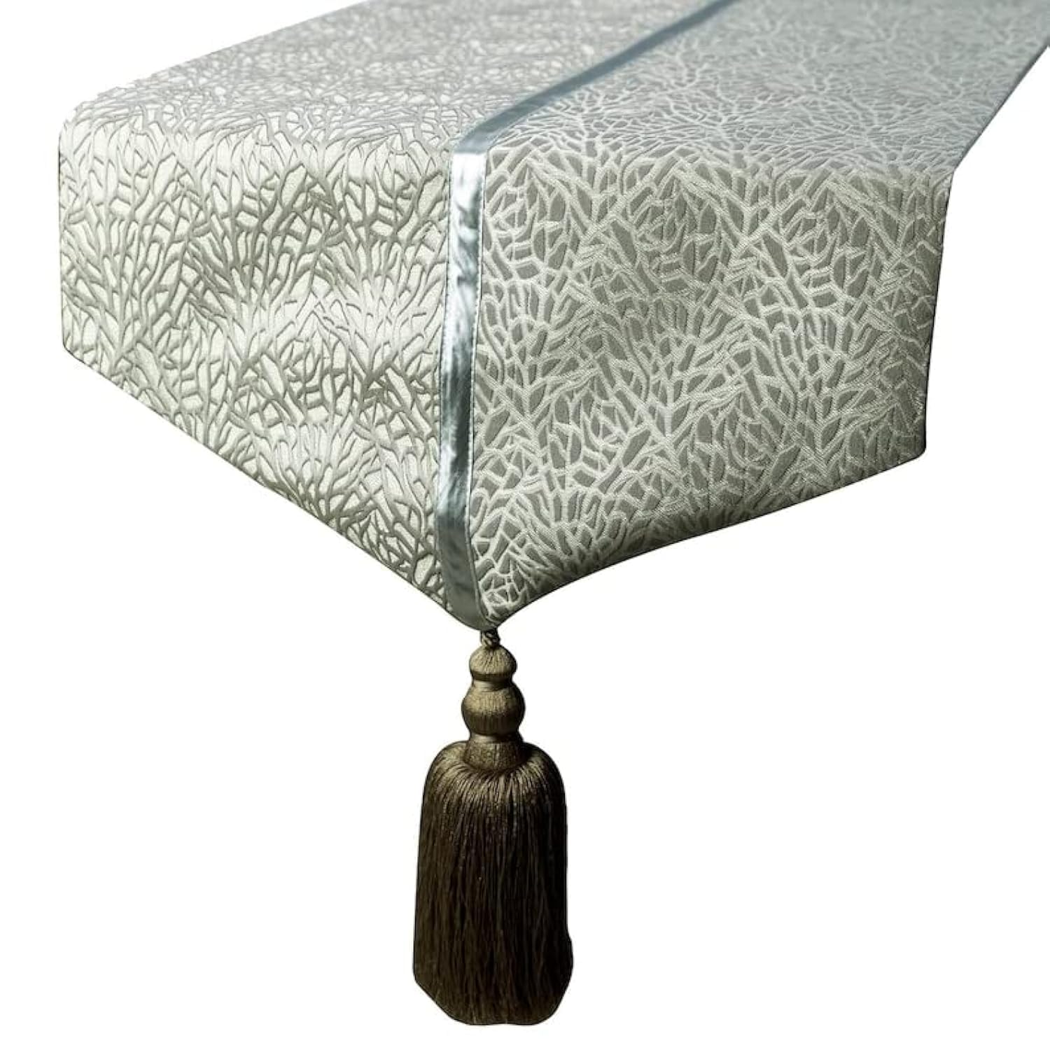 The HomeCentric Decorative Silver Table Runner Coffee Table Runner (35 x 90 cm), Tassles Table Runner, Jacquard fabric Table Linen, Abstract Pattern Modern Style Wedding Décor - Silver Fern