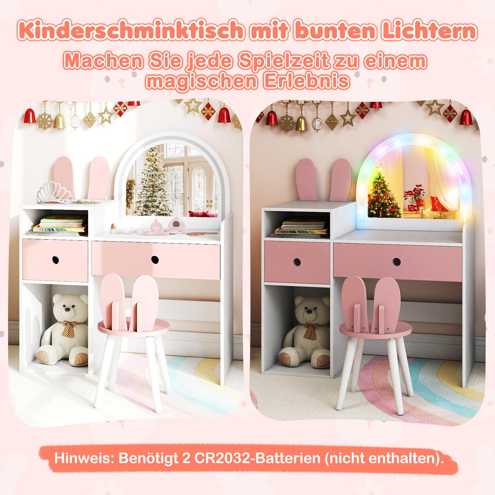 COSTWAY Kinder Schminktisch mit Beleuchtung, Frisiertisch mit bunten LED-Lichtern & Hocker, Kinderschminktisch mit 2 Schubladen, offenen Fächern, Kosmetiktisch für Mädchen ab 3 Jahren (Weiß+Rosa)