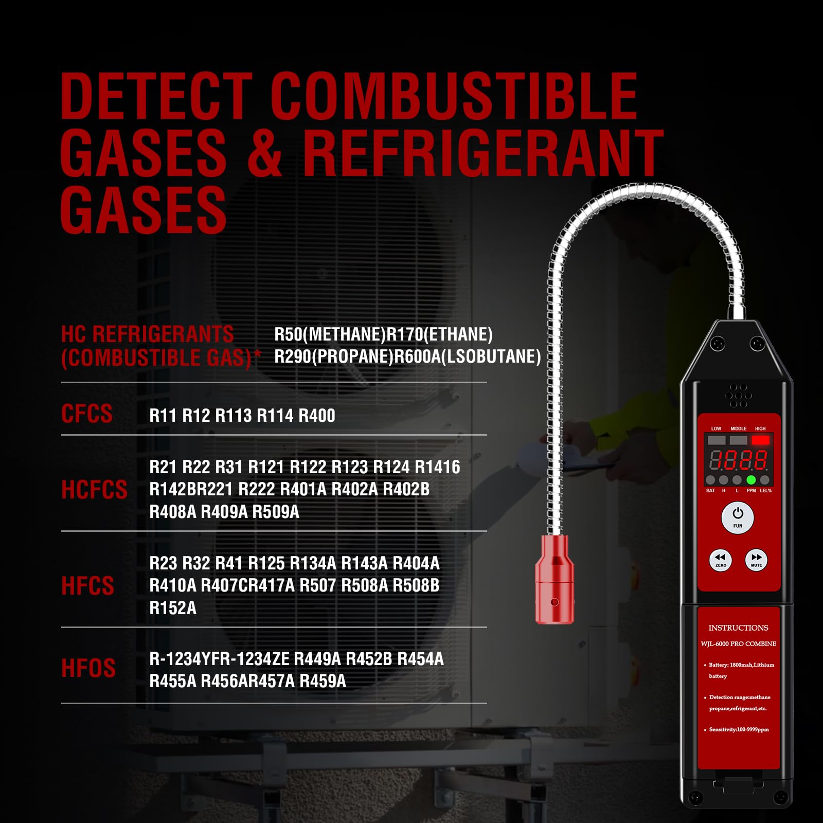WJL-6000PRO - Detector de gas natural combustible, detector de fugas de gas natural, HVAC con alarma audible y visual, comprobación de fugas combustibles como propano, metano, butano para el hogar