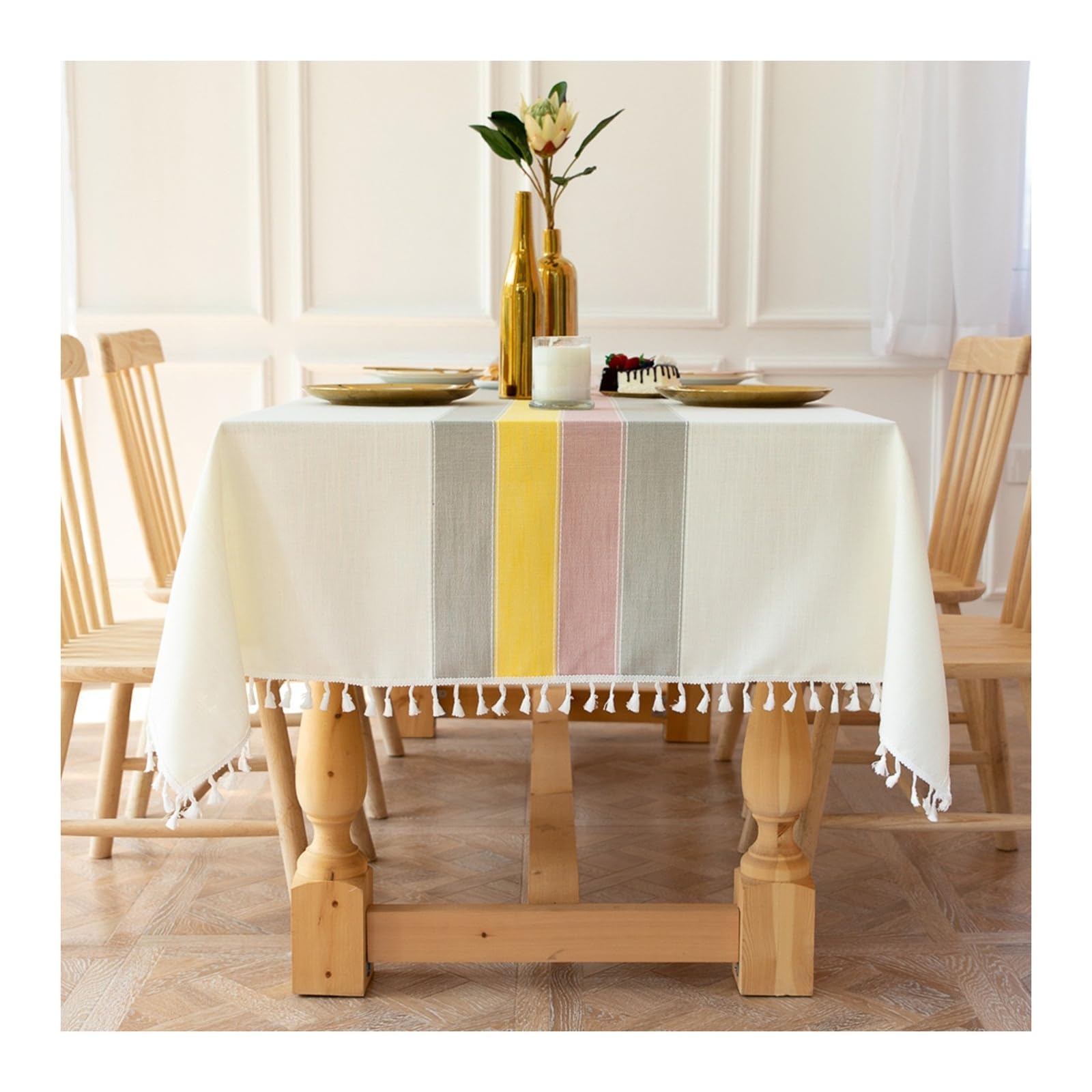 Nappe 140x220cm polyester anti-taches KnSam rayures à franges table