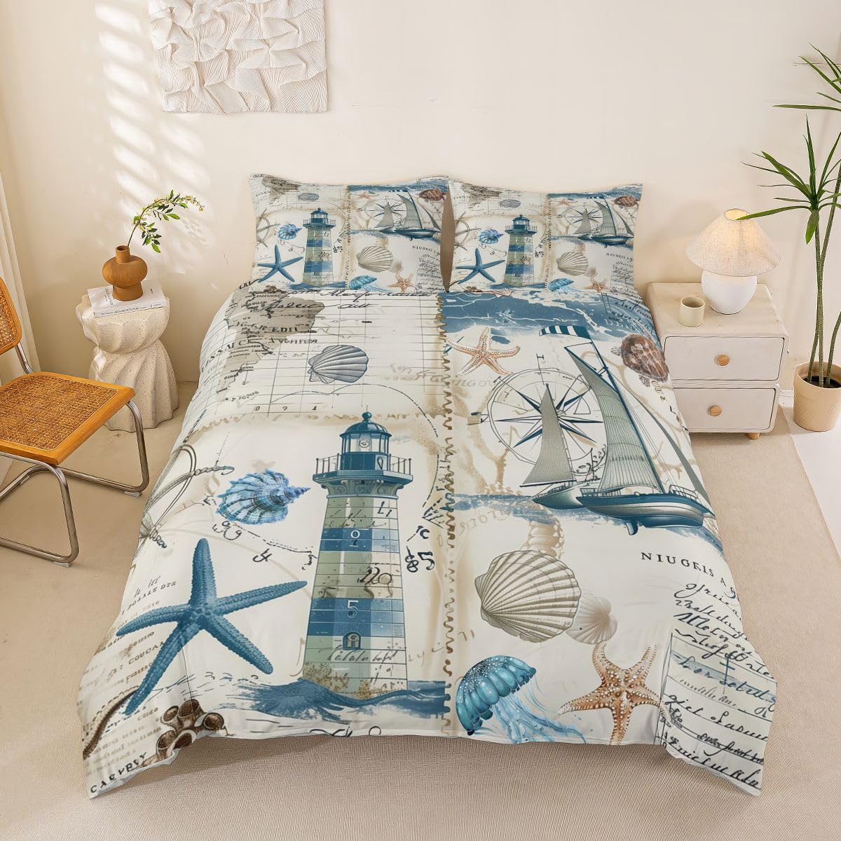 Housse de couette mer et coquillages pour chambre d'enfant style bord de mer azur
