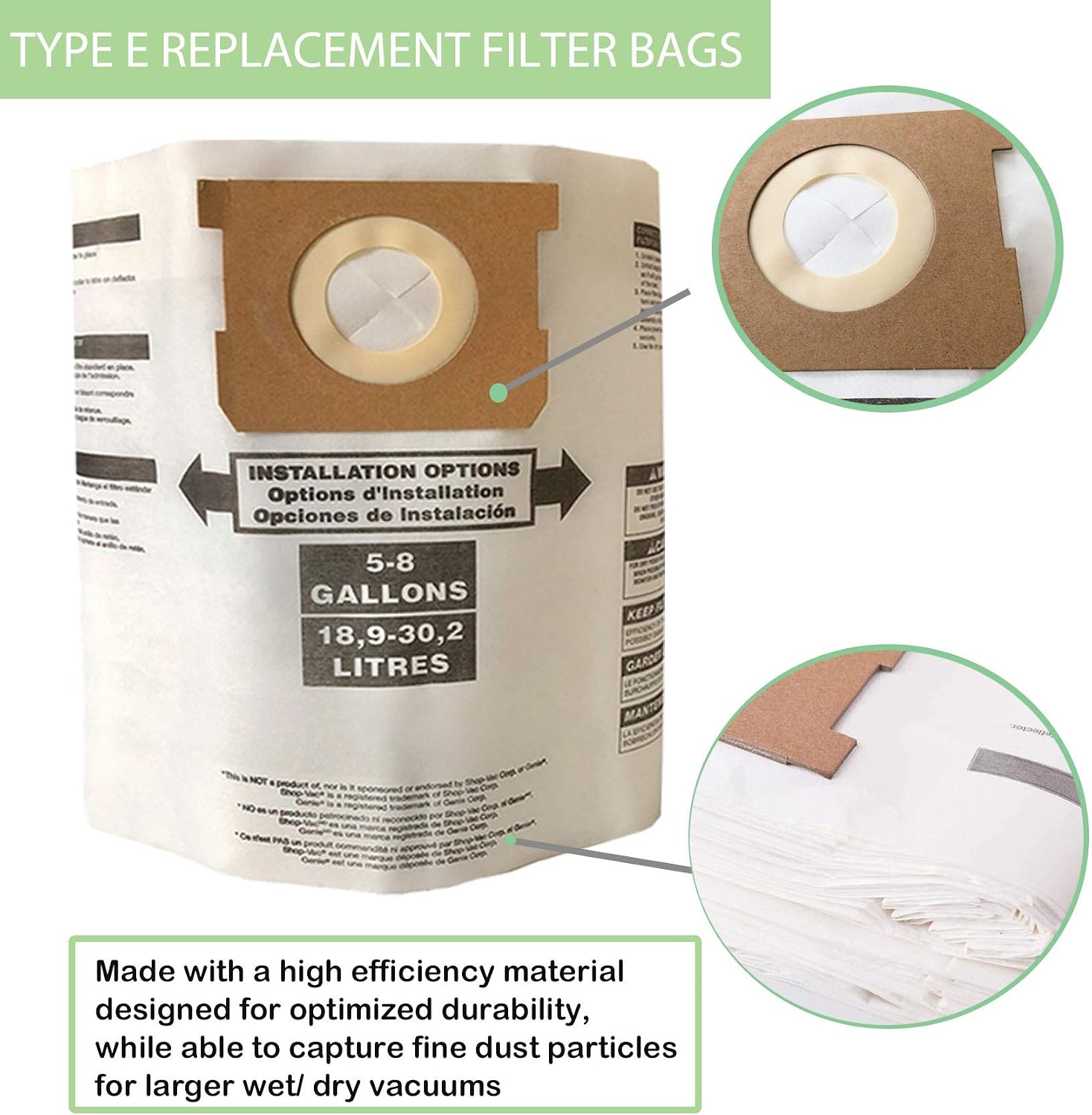 8 Pack Replacement bags for Shop Vac 5-8 Gallon Bags, for Shop-Vac # 9066100 Type E, Part # SV 90661