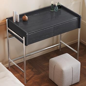 Modern Vanity Table with Black Wood Grain Surface no Mirror,Stainless Steel Frame,2 Drawers with Hidden Pull Handles,Spacious Desktop with Edge Barrier,Stylish Bedroom or Office Desk