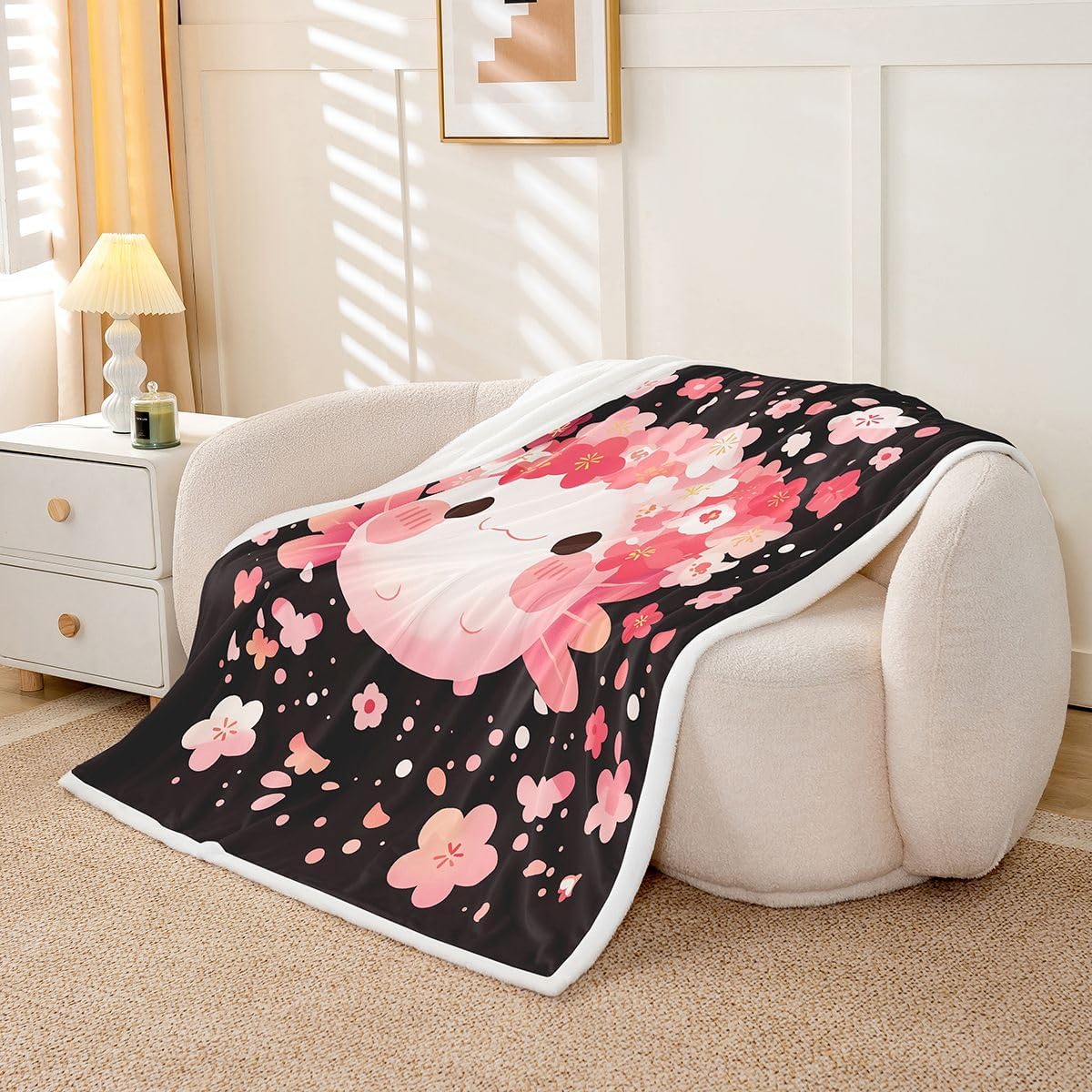 Erosebridal Kawaii Axolotl Blanket Queen 90x90 Pink Cherry Blossom Sherpa Blanket for Bed Sofa Crib Bedroom Decor Cute Salamander Bedroom Decor for Axolotl Lovers Japanese Floral Fuzzy Plush Throw