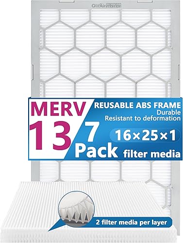 Filtro de aire MERV 13 de 16 x 25 x 1, filtro de aire para horno de CA, marco de plástico ABS reutilizable, paquete de 7 medios de filtro
