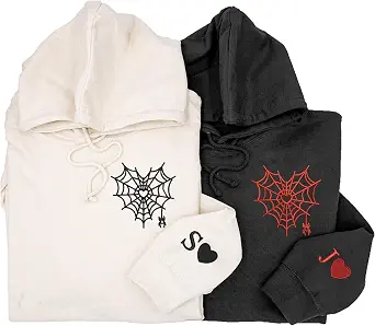 Custom Couple Embroidered Hoodies – Personalized Matching Hoodies with Spider Heart Web Design