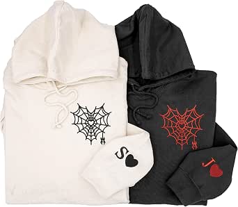 Custom Couple Embroidered Hoodies – Personalized Matching Hoodies with Spider Heart Web Design