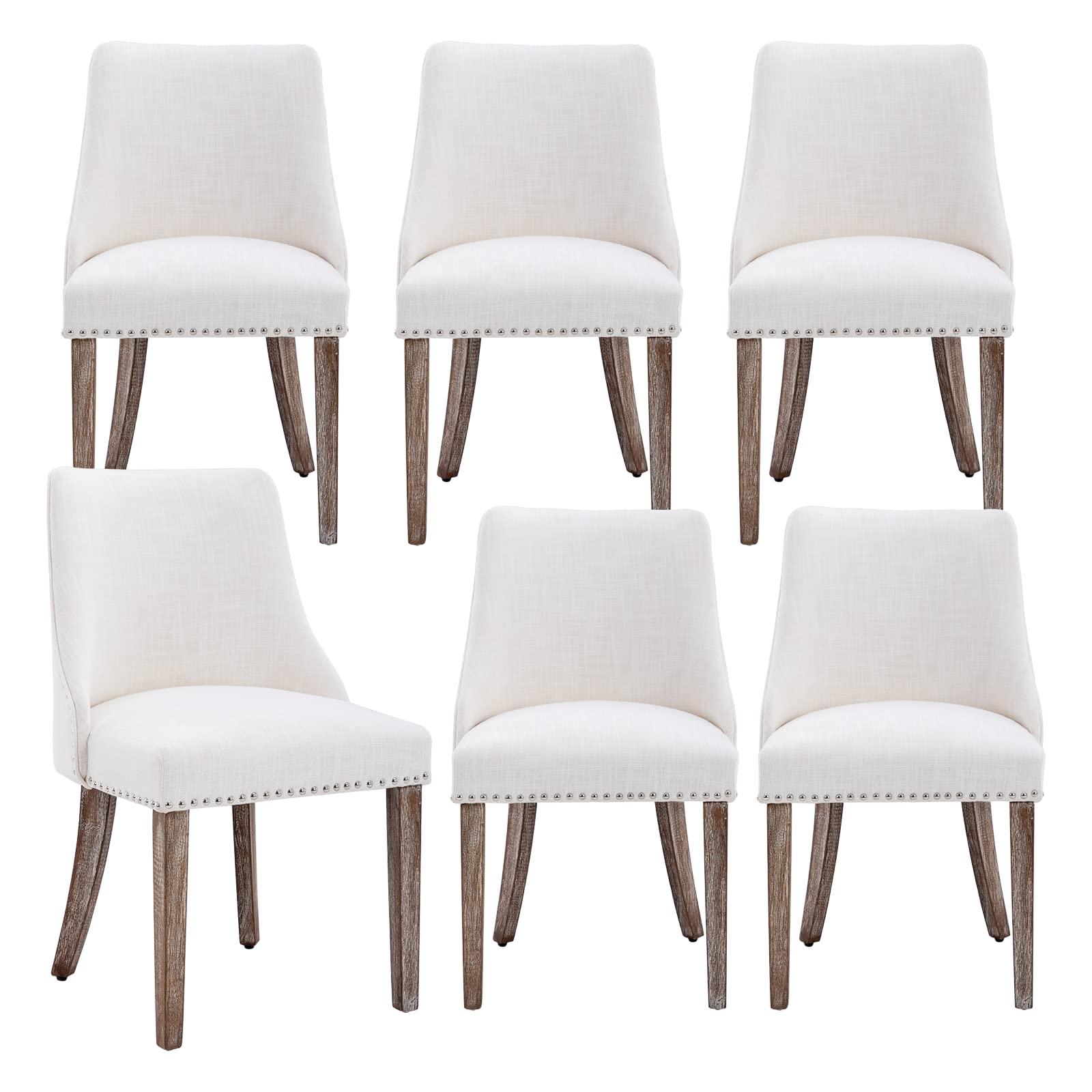 Janoray Mid Century Modern Dining Chairs Set of 6 Upholstered Linen Fabric Comfy Accent Chairs Wooden Side Chair with Nailhead Trim for Living Room/