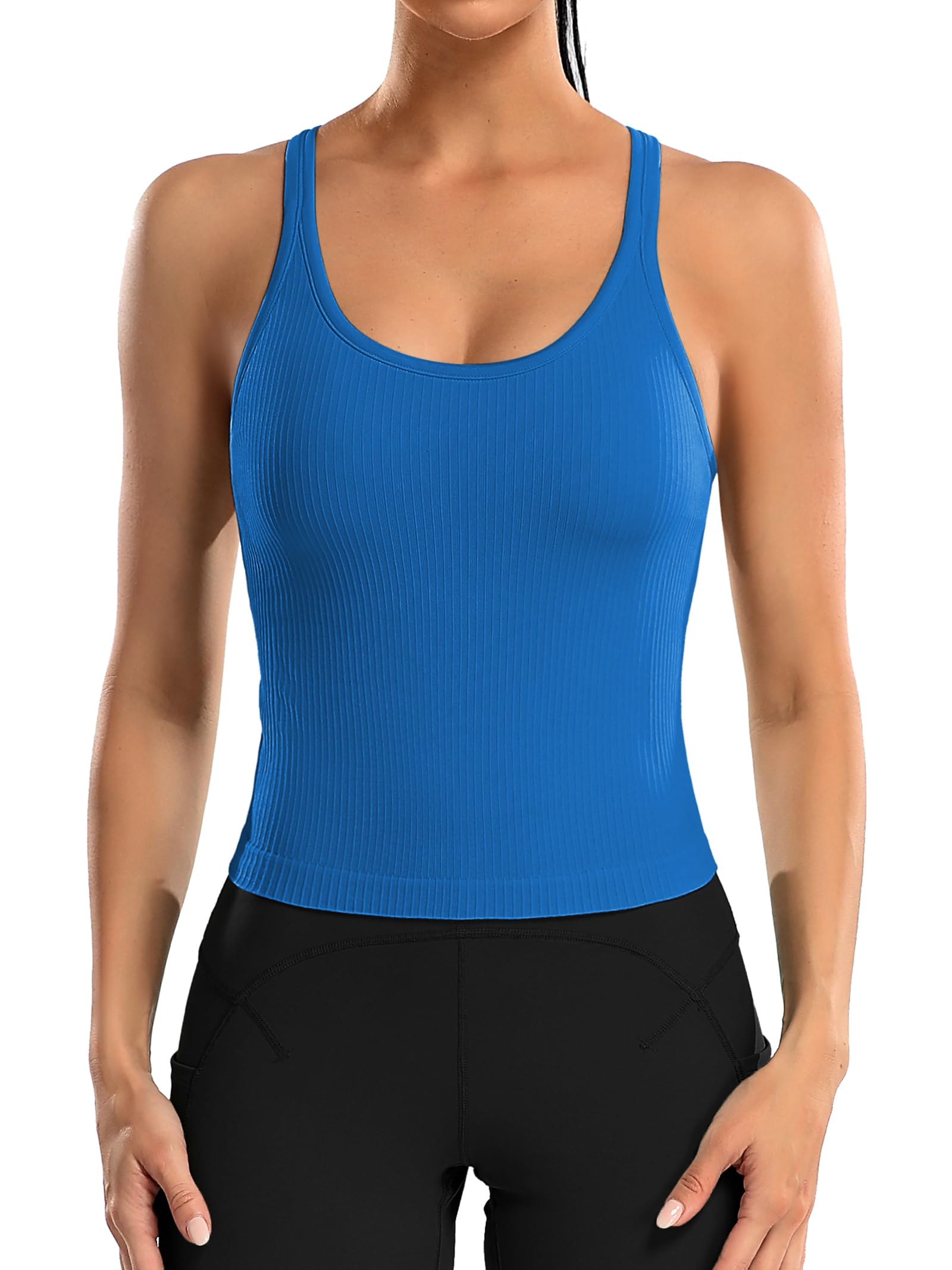ATTRACO Women Ribbed Workout Crop Tops with Built in Bra Yoga Racerback Tank Top Tight Fit