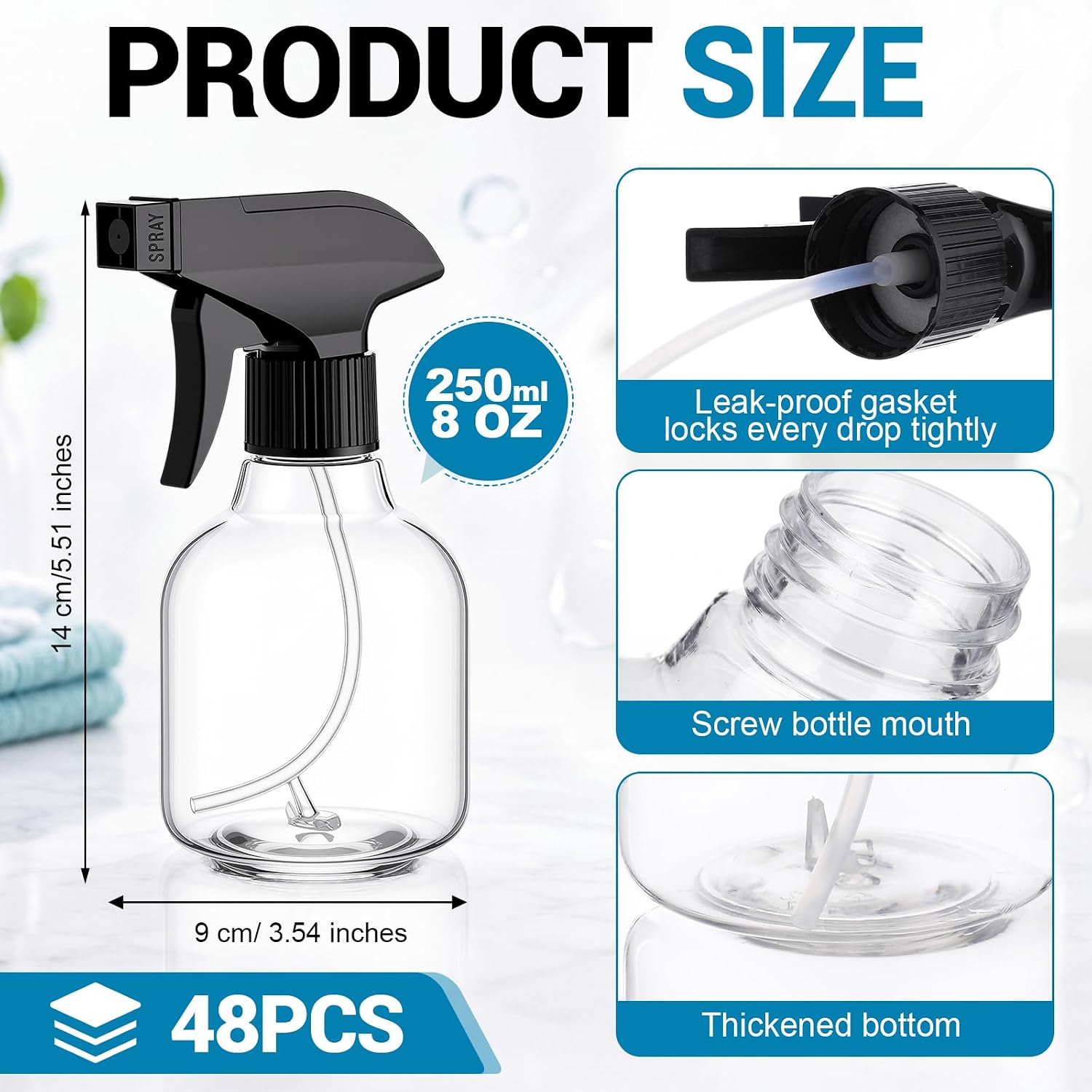 48 Pcs 8 oz Empty Plastic Spray Bottle with Trigger Sprayers Adjustable Head from Fine to Stream Refillable for Water Hair Beauty Plants Kitchen Cooking Cleaning, No Leakage (Black)