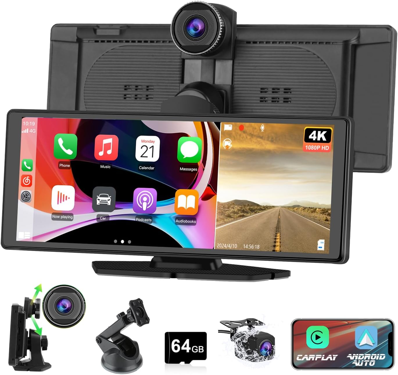 Portable Wireless CarPlay Screen for Car with 4K Dash Cam+1080P Backup Camera, 10.26”IPS Touchscreen Car Stereo, Supports CarPlay/Android Auto/Voice Control/GPS Navigation/Bluetooth/Mirror Link