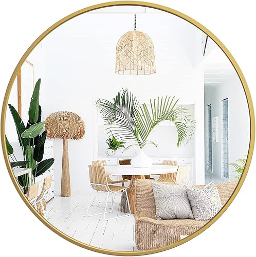 Espejo circular redondo de pared de 18 pulgadas, espejo colgante grande con marco de metal dorado para decoración de baño, tocador, dormitorio, sala
