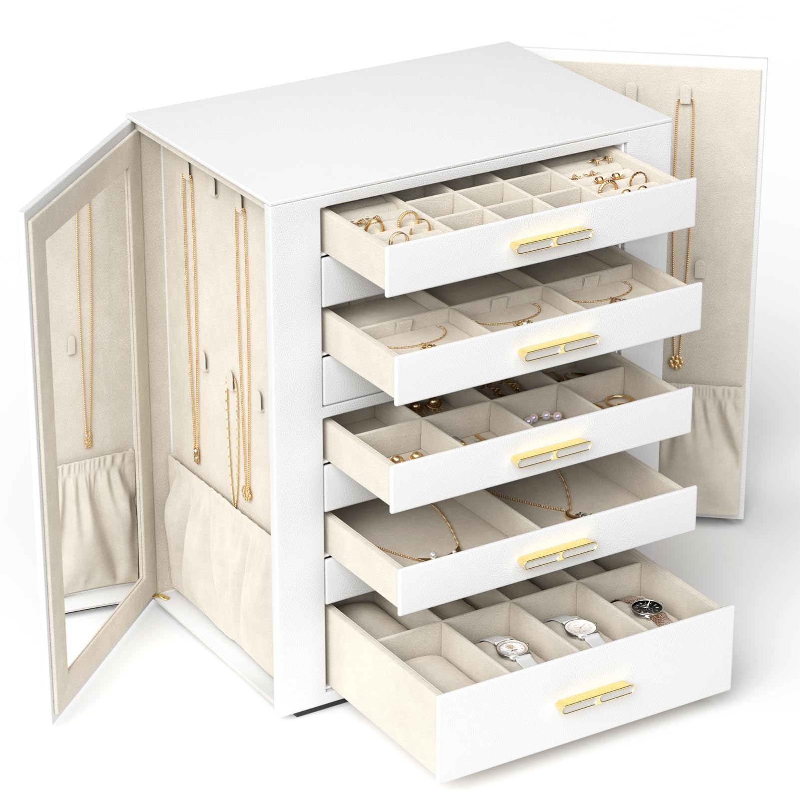 Joyero grande, organizador de joyas de 9 capas con espejo, joyeros y organizadores, para aretes, anillos, collares, pulseras, relojes, perfecto para mujeres y niñas (blanco, modelo C907WE)