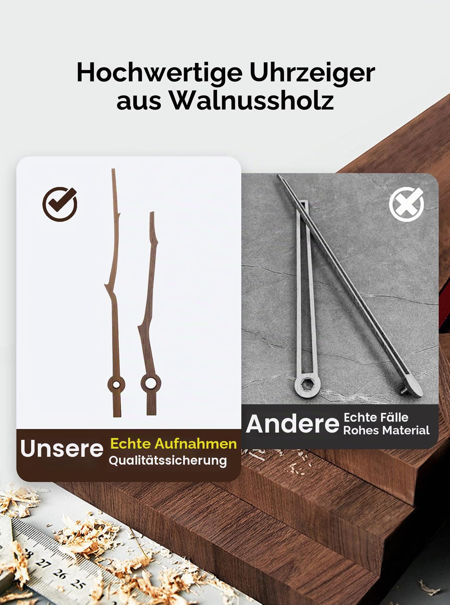 DEEWISH 4 Stück Walnussholz-Uhrzeiger und Quarz-Uhrwerk, Nicht tickendes, lautloses Uhrwerk, passend für 30,5–35,6 cm Uhr