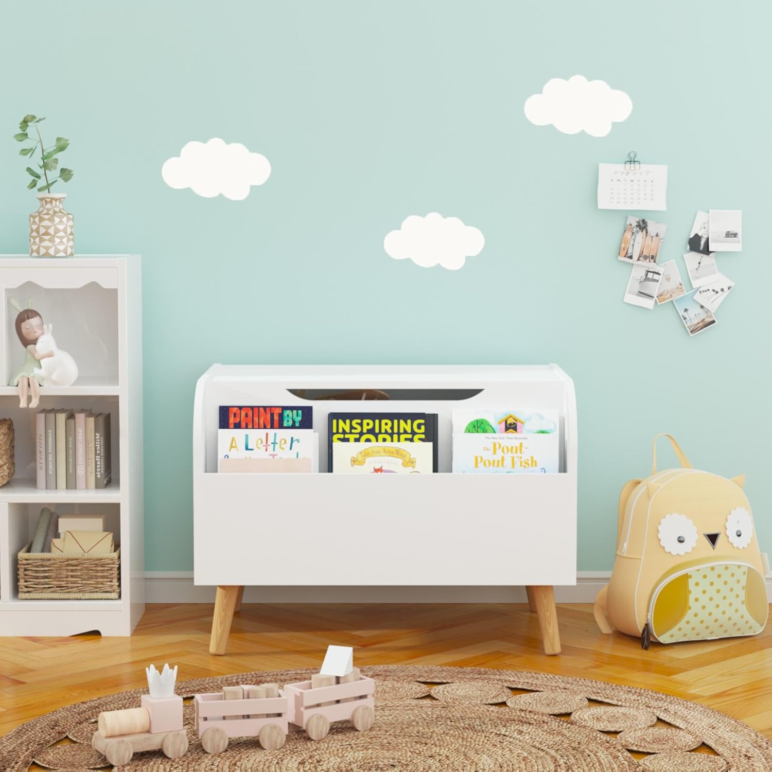 GDFStudio Large Toy Box Storage with 4 Wood Legs, Kids Toy Organizer with Front Bookshelf, Flip-Top Lid, Safety Hinge, Wooden Toys Chest Children's Storage Furniture for Boys and Girls, White
