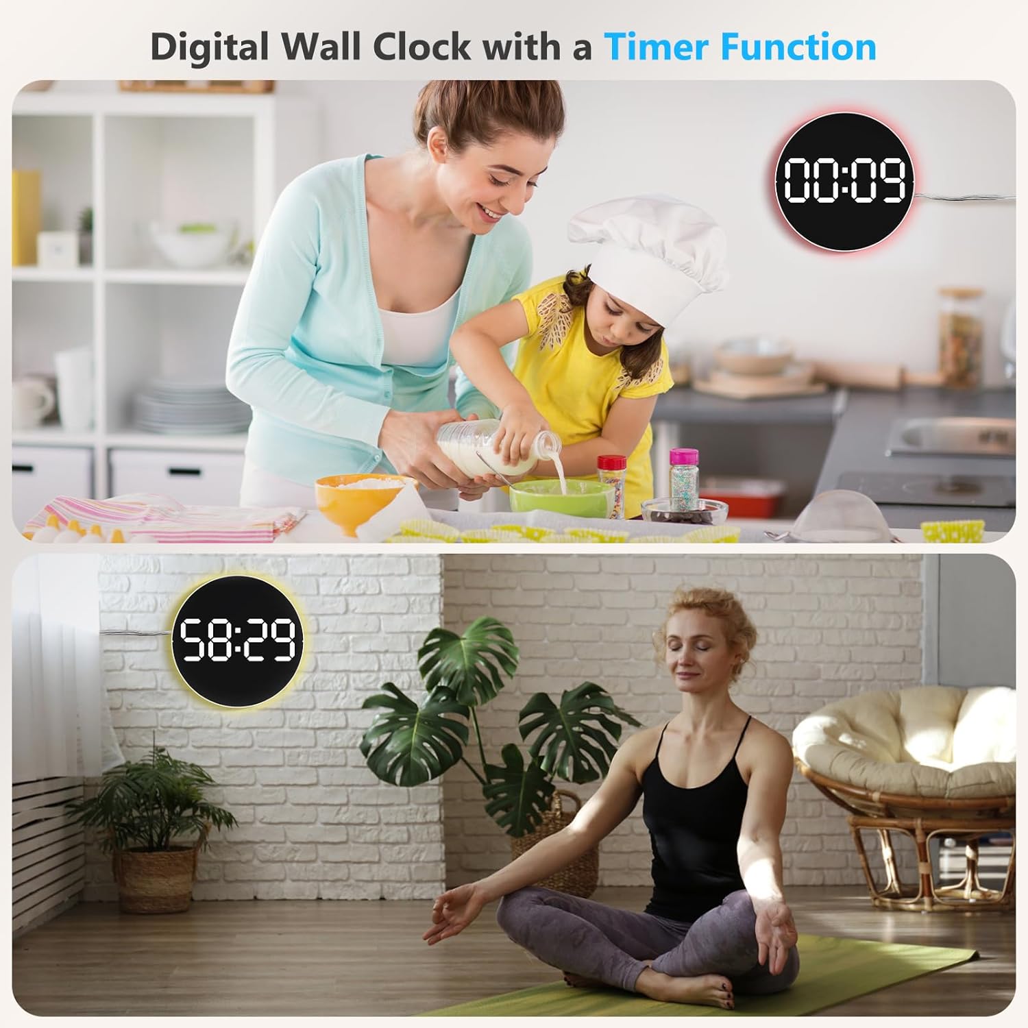 Digital Wall Clock, 10 inch Large LED Display Digital Clock with RGB Light, Remote Control, Auto-Brightness Dimmer with Night Lights, 2 Alarm, Silent Wall Clock Show Date Week DST Temp