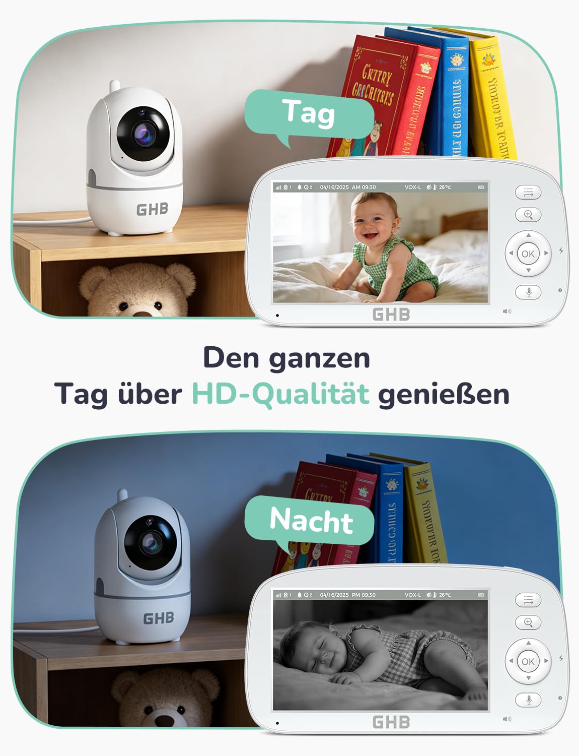 GHB Babyphone mit Kamera 5 Zoll 720P HD Kamera IPS Display mit 5000mAh Akku 4X Zoom 2-Bildschirm-Split Pan/Tilt 350°/110° Nachtsicht Wiegenlied