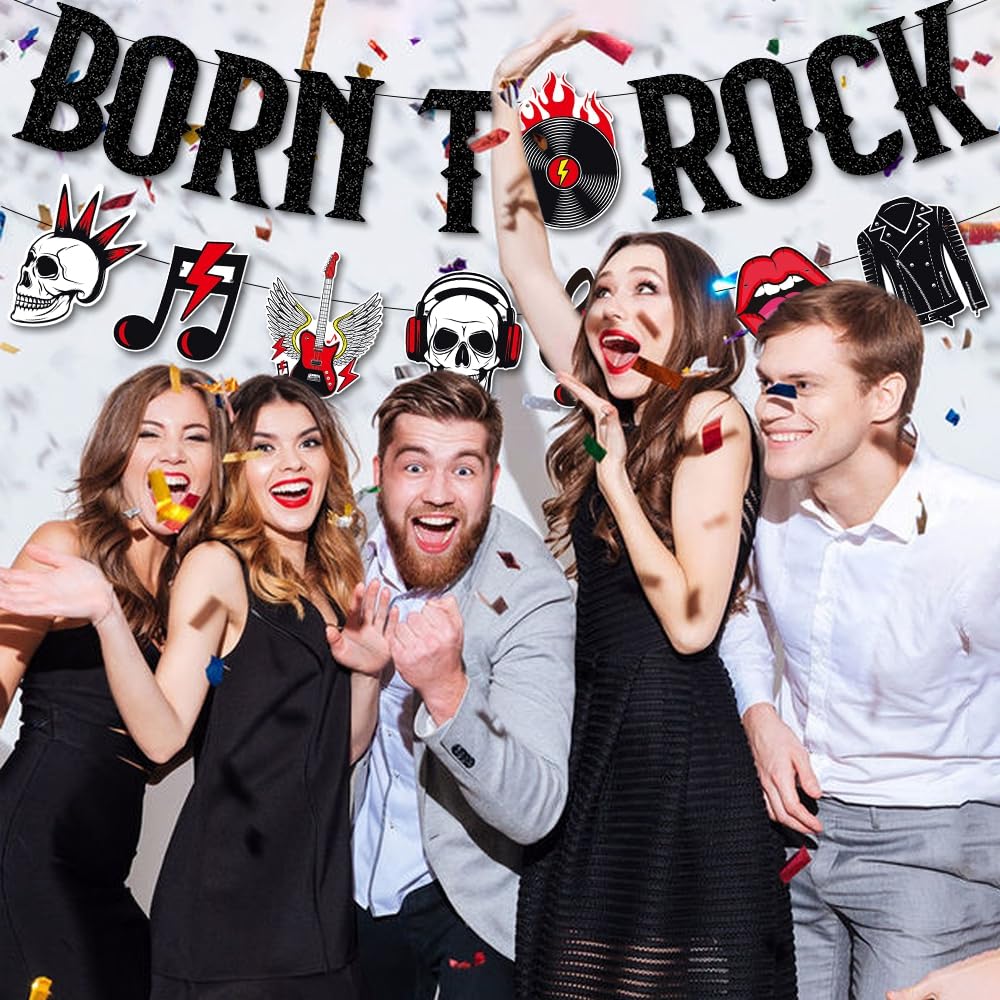 Born to Rock Glitter Banner Garland, Skull Music Note Guitar Ceiling Hanging Swirl Streamers - Image 4