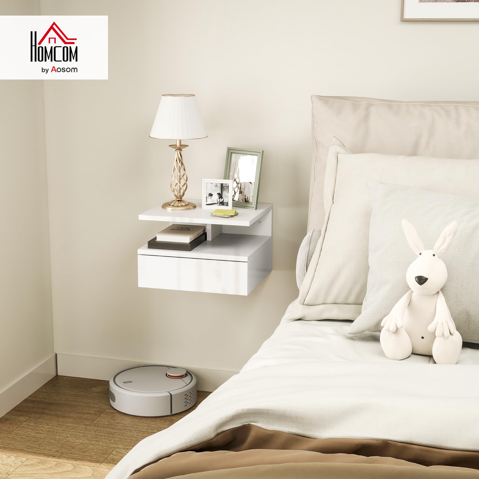 HOMCOM Comodino Sospeso per Camera da Letto con Cassetto e Ripiano Aperto, Comodino Moderno Salvaspazio in Legno, 35x32x22.5 cm, Bianco