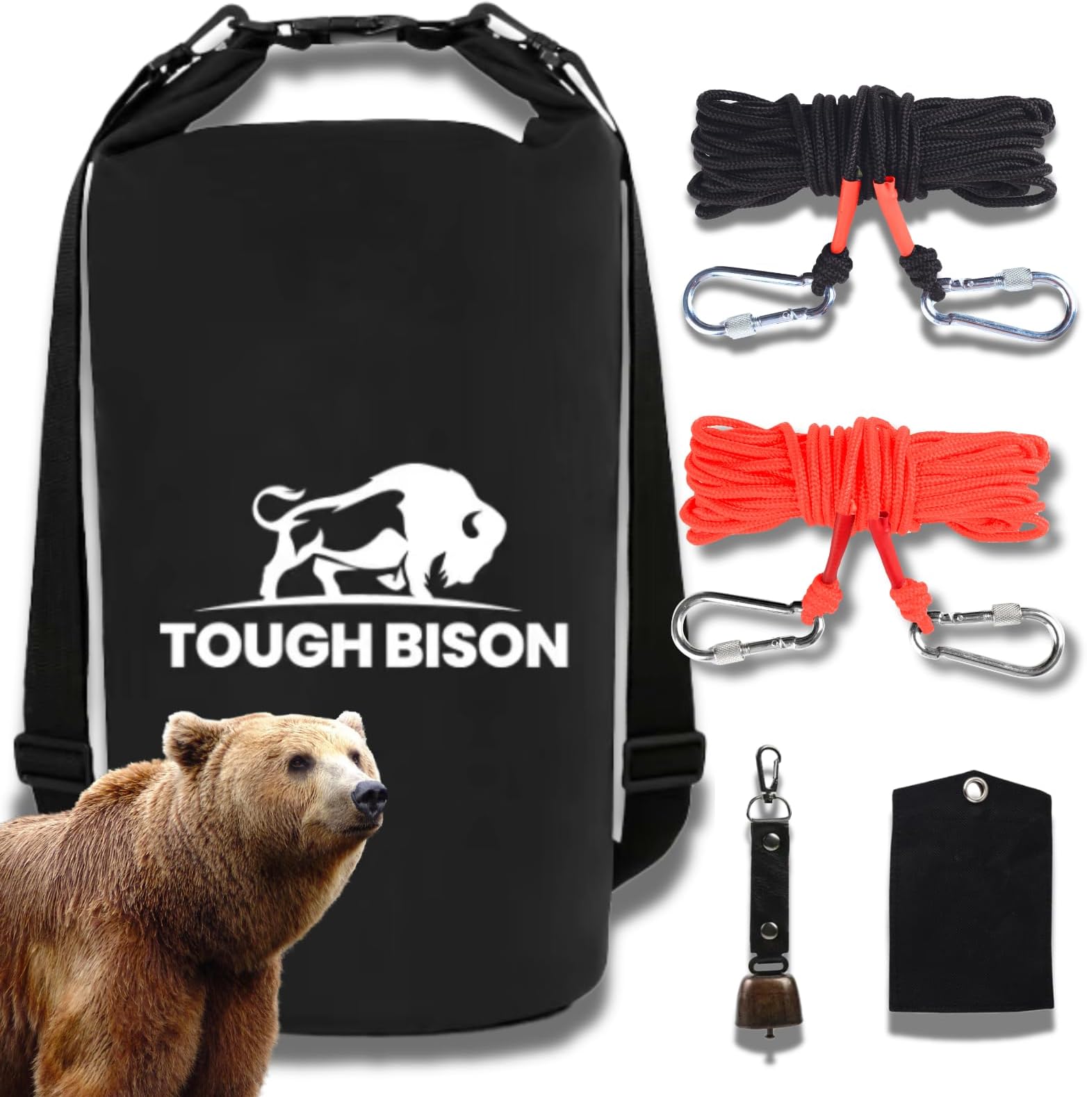 Tough Bison Bear Bag Hanging Kit - 10L Waterproof Bear Proof Food Storage Bag, 2 Straps, Rock Sack & 2 Ropes with 4 Safety Clips for Hiking, Kayaking, Camping, Outdoor Adventures