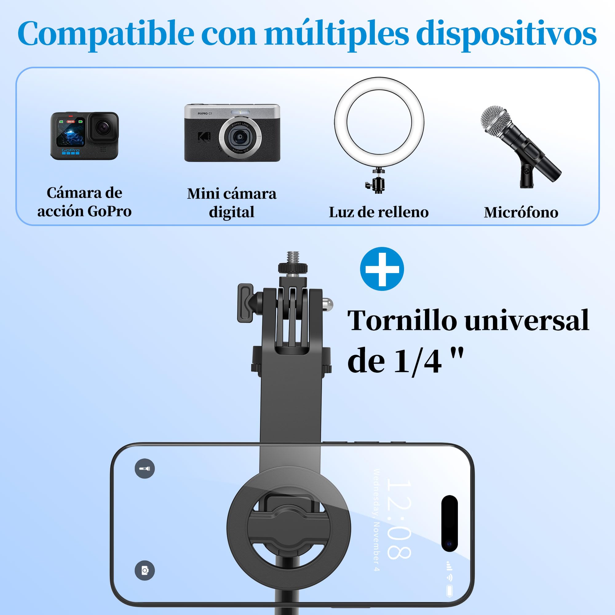 PlusAcc 176 cm Trípode magnético para MagSafe Selfie, Soporte de Aluminio Estable y Soporte de Viaje Giratorio 360°, Compatible con iPhone/Smartphones para Selfies, grabación de vídeo en Directo