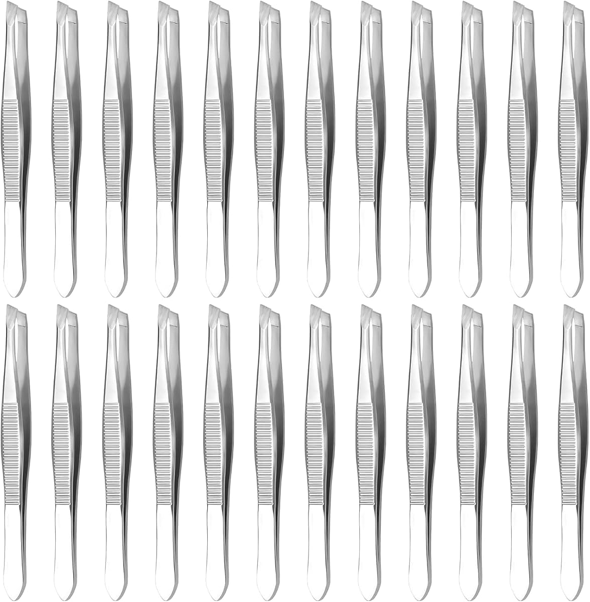 24 Pcs Bulk Tweezers, 3.5 In Stainless Steel, Slanted Tips | First Aid Tweezers Bulk Pack for Brows, Splinters & DIY Crafts; Lightweight for Travel & Home Use; with Heart Clamps