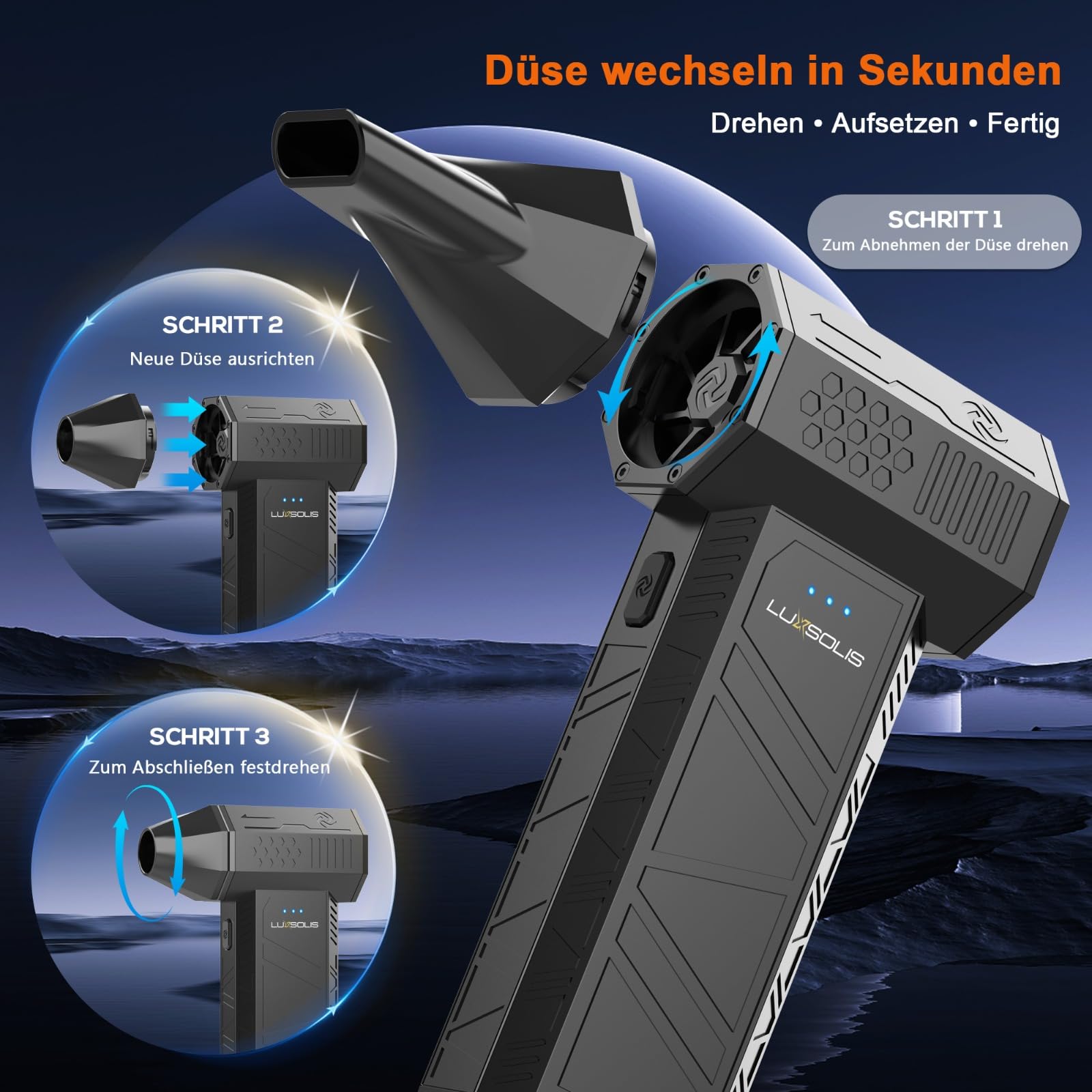 LUXSOLIS X3 Mini Turbo Fan Elektrischer Staubbläser Akku 110000 U/min 3 Stufen USB-C 4 Düsen