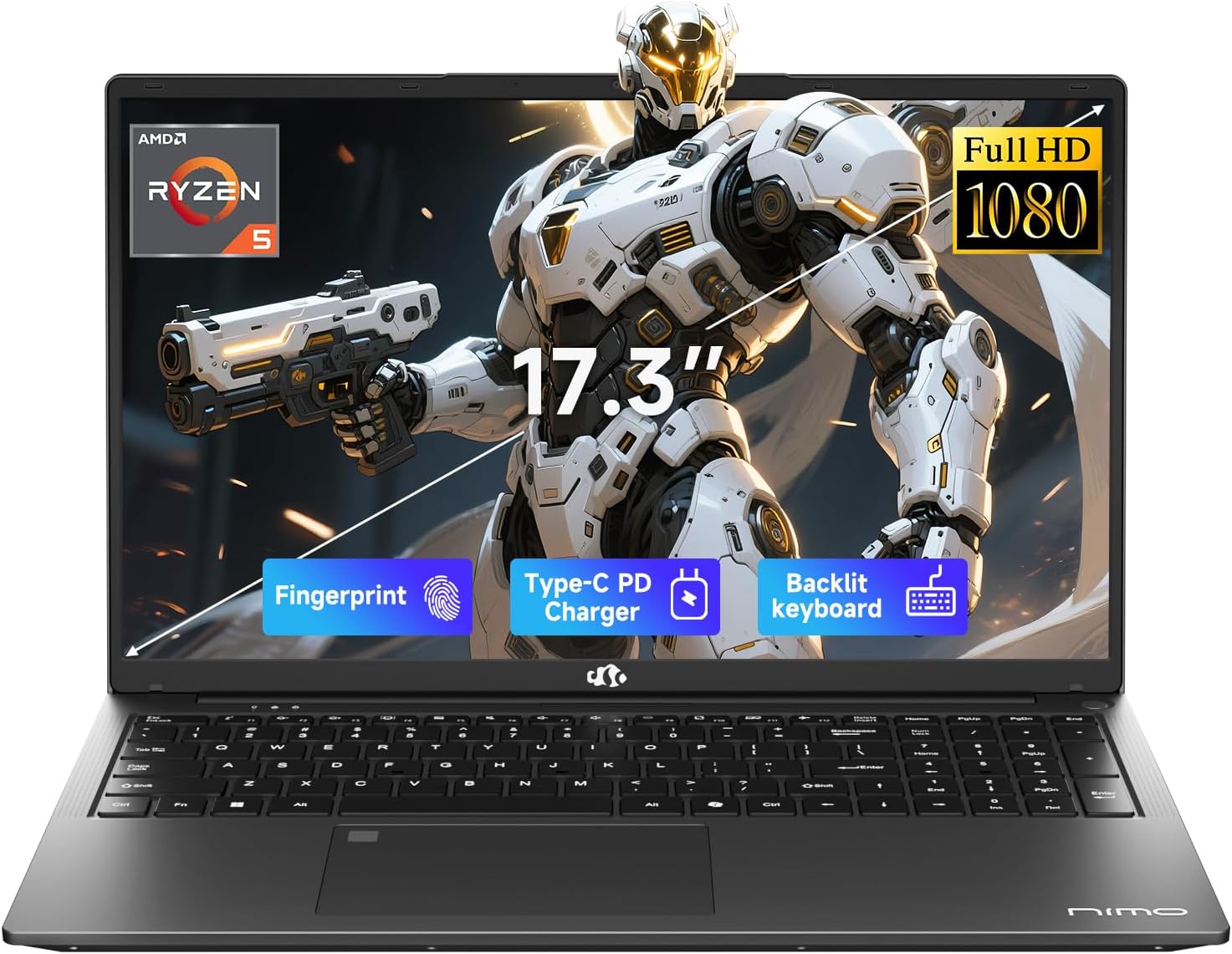 NIMO 17.3" IPS FHD-Gaming-Laptop, AMD Ryzen 5 6600H 32GB DDR5 RAM 1TB SSD (Beat i7-1165G7 Up to 4.5GHz) Radeon 660M GPU-Computer with 100W Type-C Backlit Keyboard Fingerprint