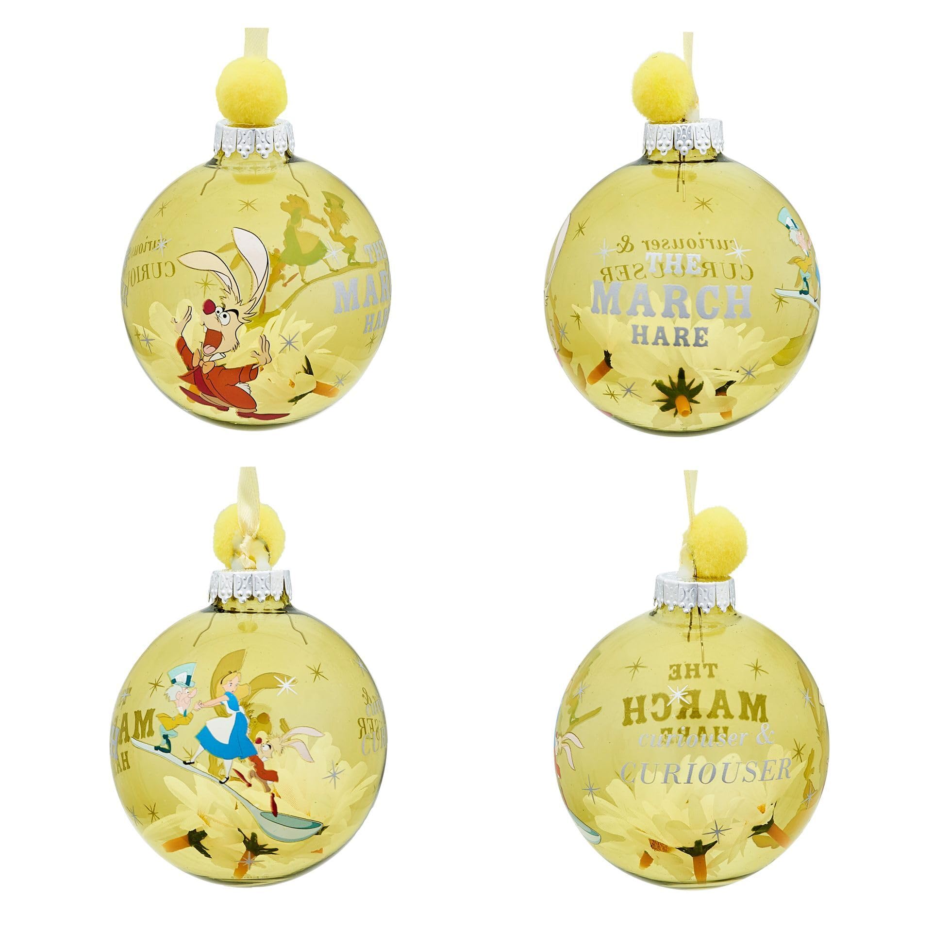 Disney – Lot de 7 boules de Noël – Alice, chat du Cheshire, Chapelier fou, lapin blanc, reine des roses, Tweedle Dee & Dum, Lapin de Pâques – Produit sous licence