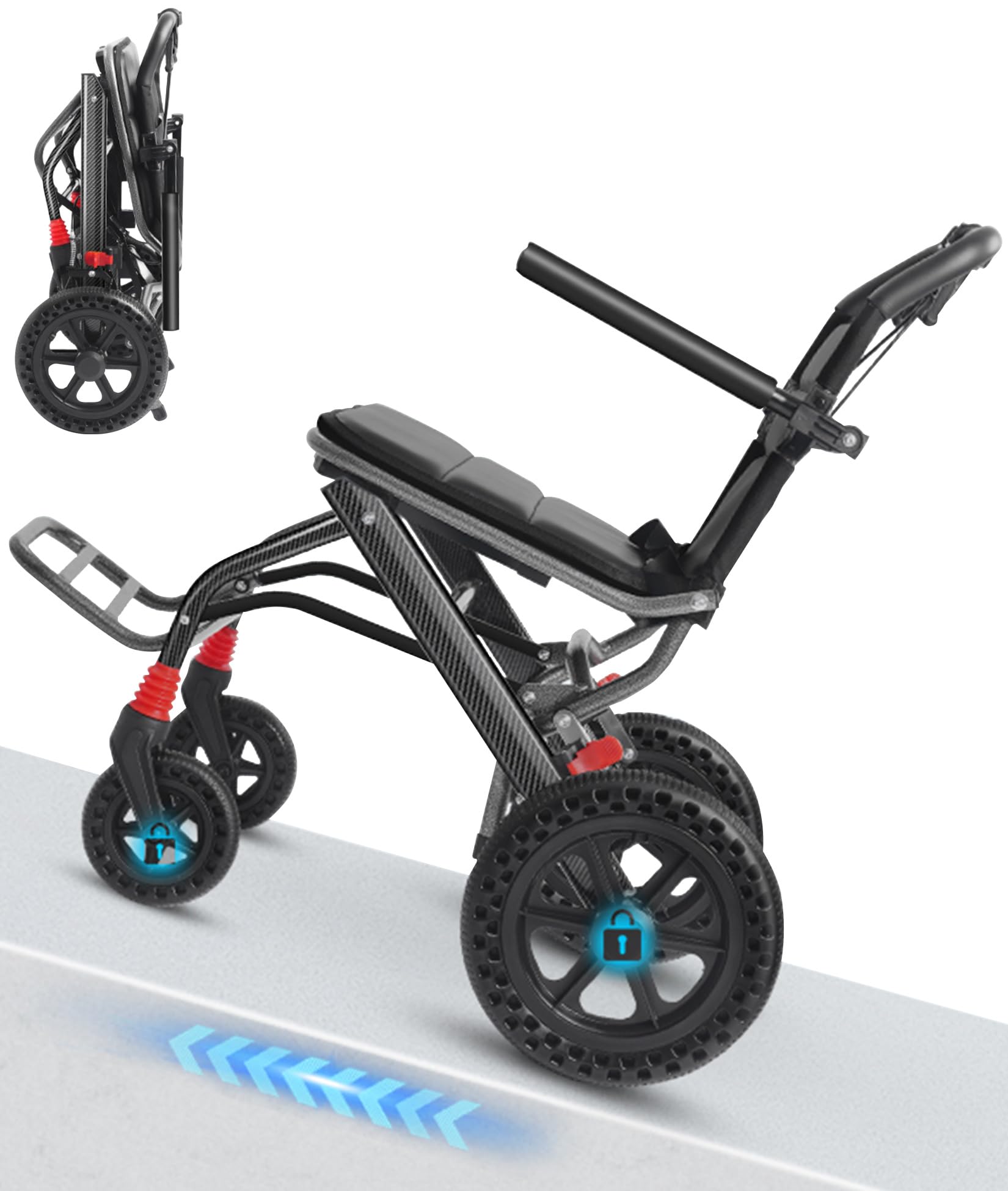 BOTOWI Silla de Ruedas Ligera de Transporte con Frenos de Mano Bloqueables, Ruedas Traseras de 12", con Asiento Ancho, Diseño Trolley, Silla de Ruedas de Aluminio para Adultos/Seniors