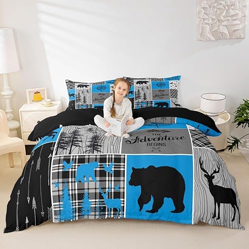 Miniatura 9 de Funda de edredón de oso de caza, ciervo, juego de ropa de cama de retazos de cabaña rústica, tamaño Queen, funda de edredón a cuadros de búfalo,
