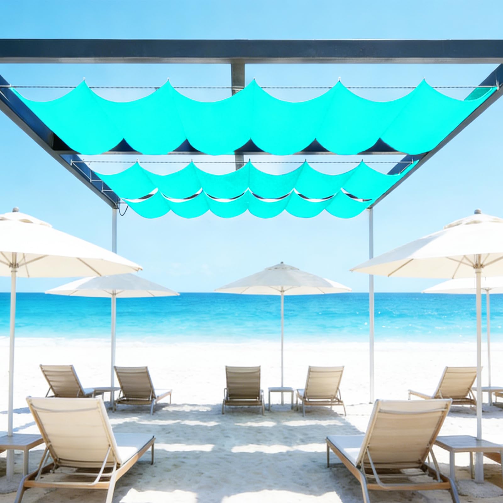 Sun Shade Sail Retractable Wave,Outdoor Water Resistant Retractable Wave Awning Canopy 98% UV Block,for Patio Garden Lawn,Rope Fixing-Lake Blue||50x900cm