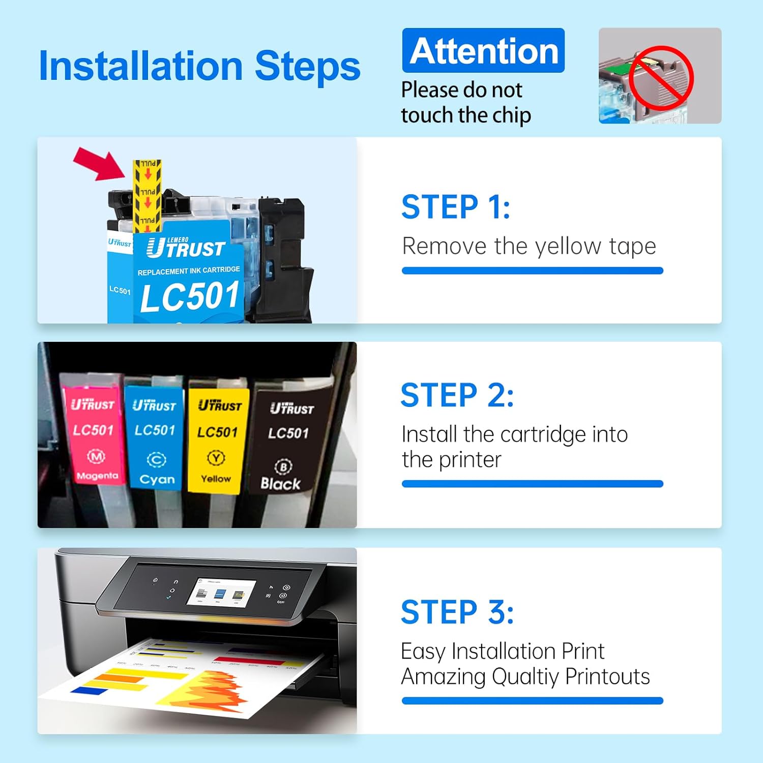 LEMERO UTRUST LC501 Ink Cartridges Replacement for Brother Printers MFC-J1260DW, MFC-J1360DW, MFC-J1410DW, Compatible with Brother LC-501 Ink (Black, Cyan, Magenta, Yellow 4 Pack)