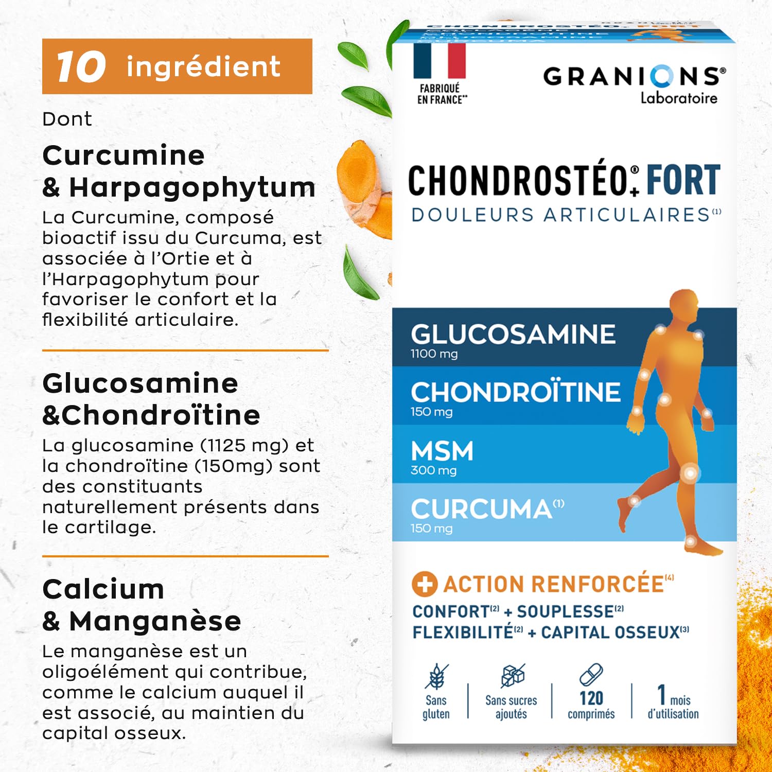 GRANIONS CHONDROSTEO+ FORT Articulations - Formule Renforcée - Curcuma - Mobilité & Souplesse Articulaire, Flexibilité, Capital Osseux - Glucosamine, Chondroïtine, MSM, Curcuma - 120 comprimés