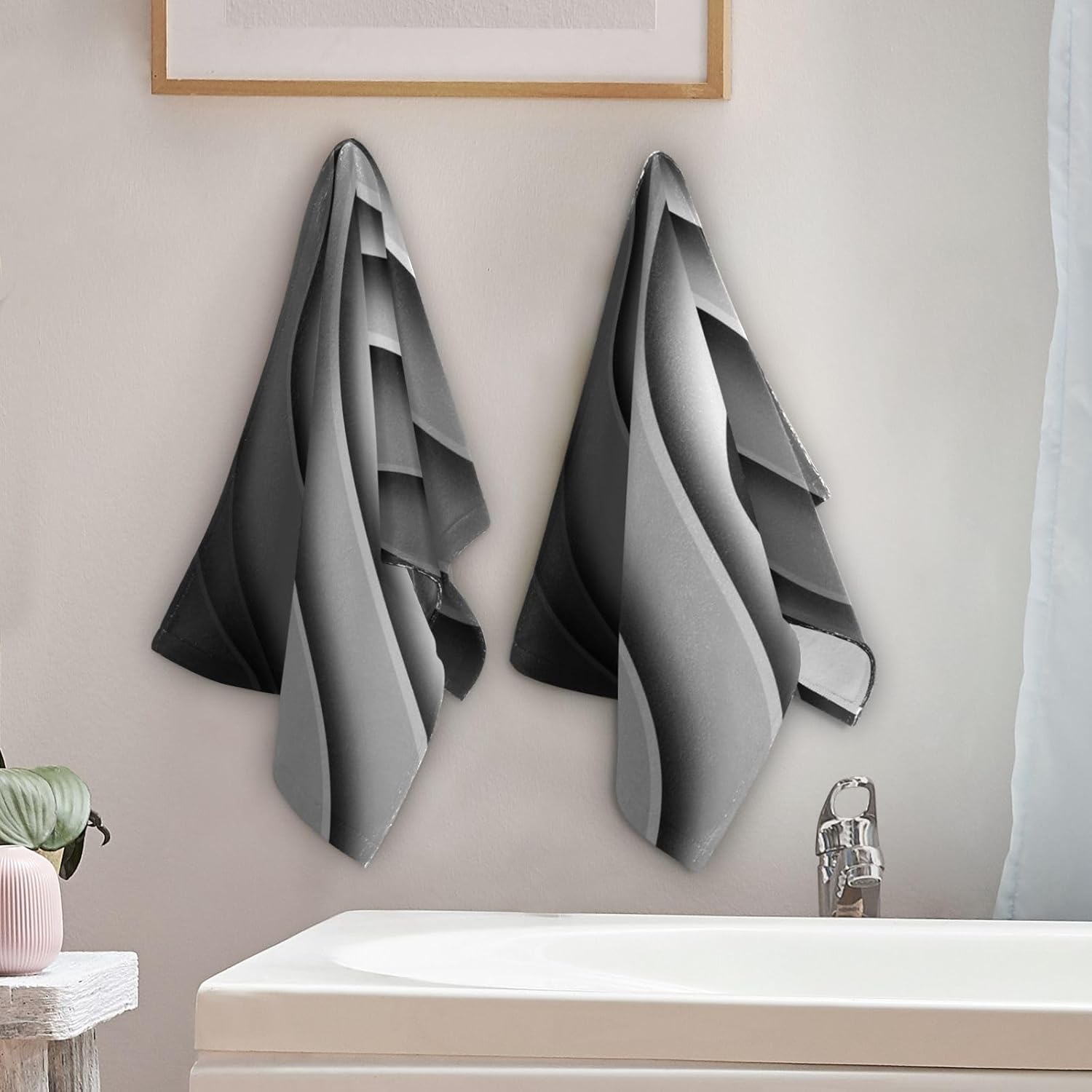 Black White and Gray Stripes Hand Towels for Bathroom Set of 2 Soft Absorbent Mid Century Modern Beach Wave Kitchen Towel,Decorative Bathroom Towels for Bath Guest Shower Face Hair 14"x28" - Image 3