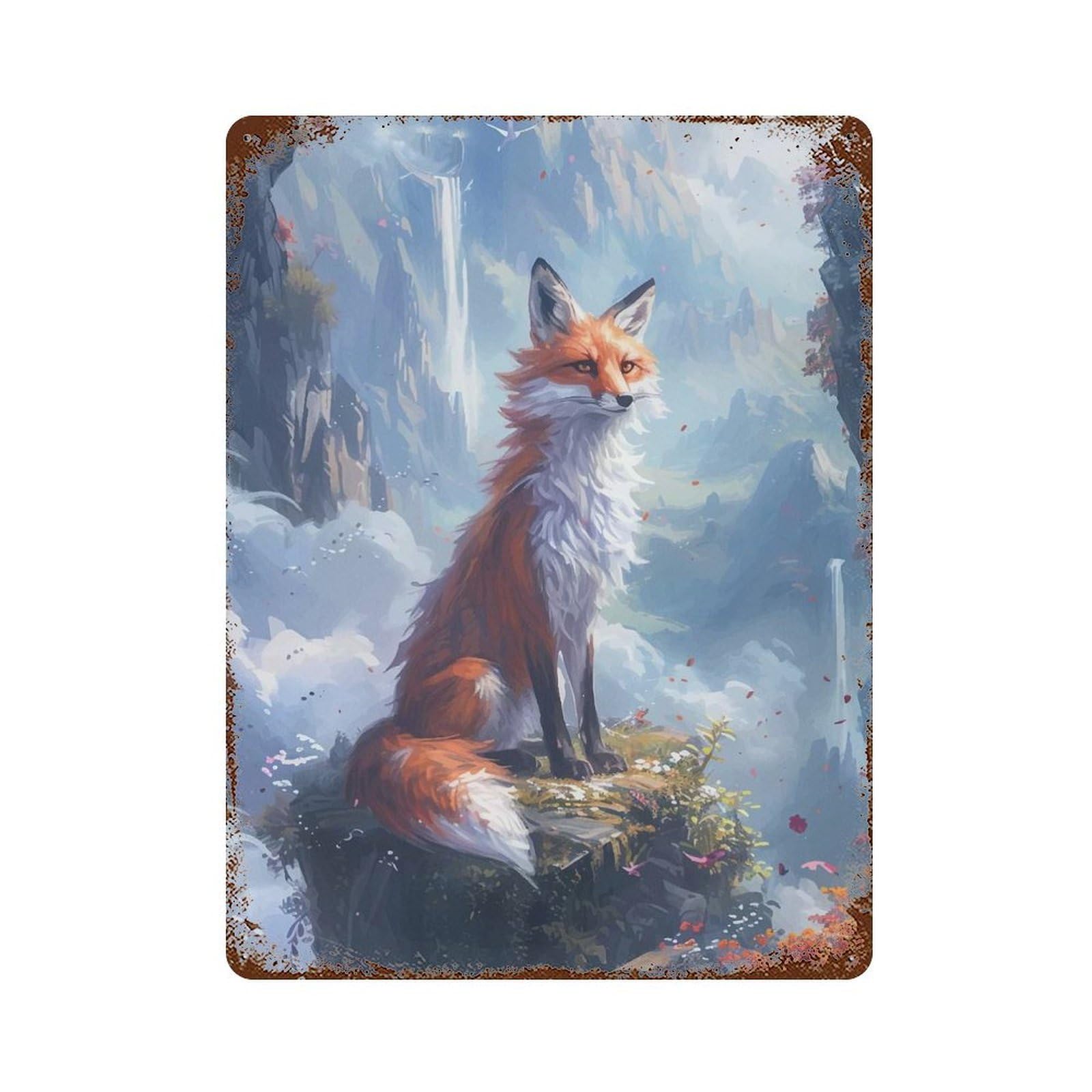 Fox Kitsune Colorful Distressed Metal Wall Sign 15.7"x11.8", Rustic Home Decor for Living Room, Hallway And Home Decor