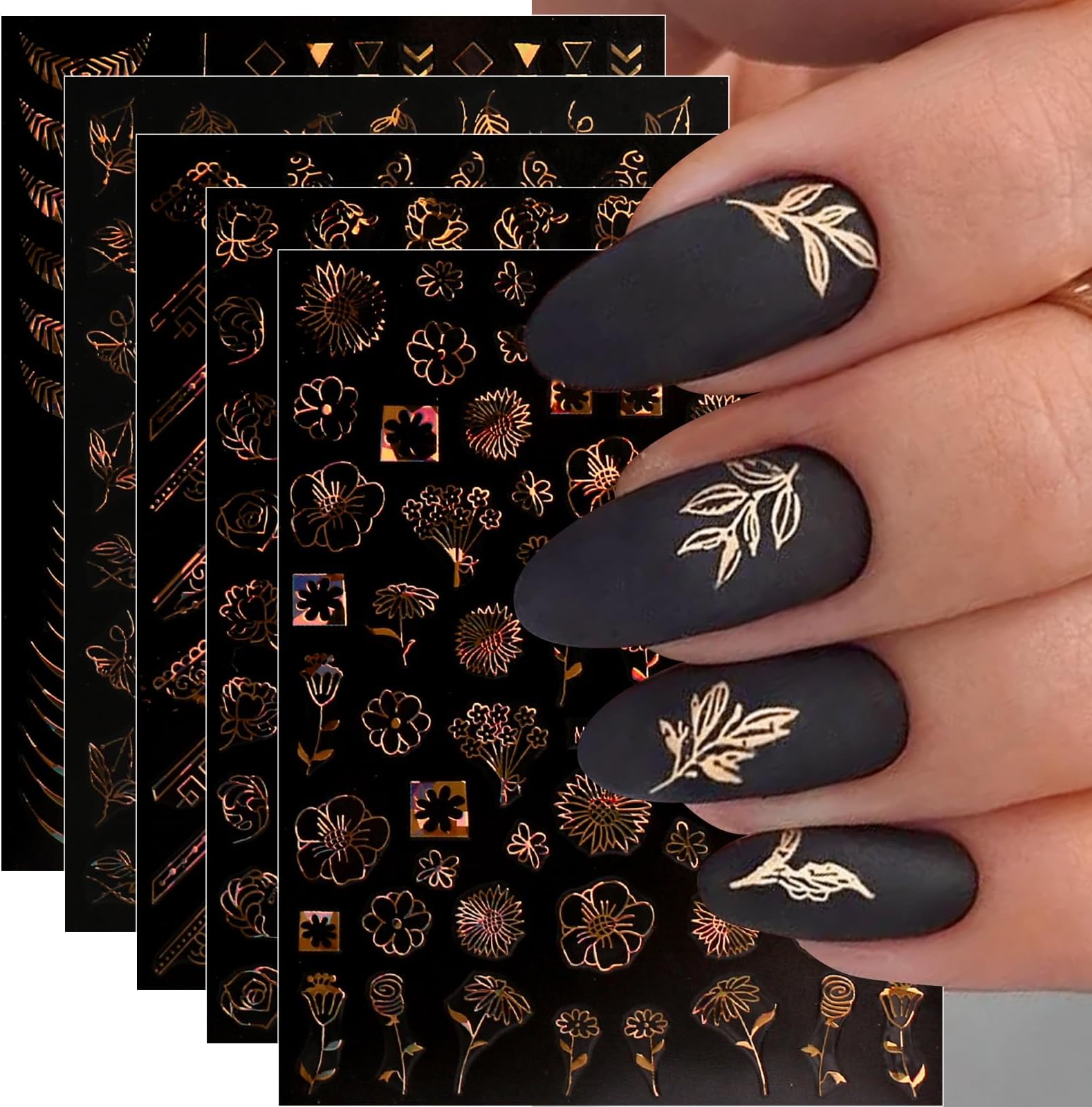 JMEOWIO 12 Sheets Flower Nail Art Stickers Decals Self-Adhesive Spring Summer Floral Gold Nail Supplies Nail Art Design Decoration Accessories