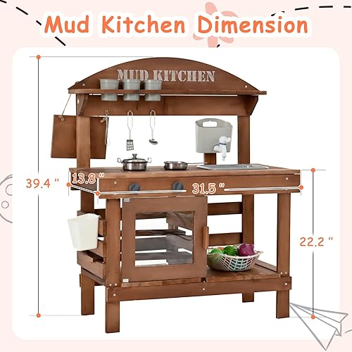 Miniatura 6 de Cocina de barro para niños al aire libre, cocina de juego de madera con accesorios para niños, juego de cocina con fregadero, grifo, sala de