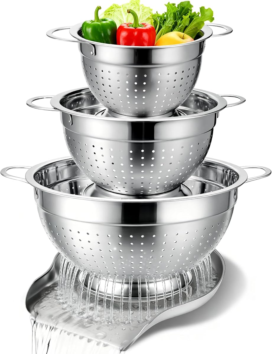 Stainless Steel Colander Set with Handles & Self-Draining Base, 3 Sizes (7”, 9”, 11”), Heavy Duty Pasta Strainer, Rice & Vegetable Strainer, Countertop Draining System
