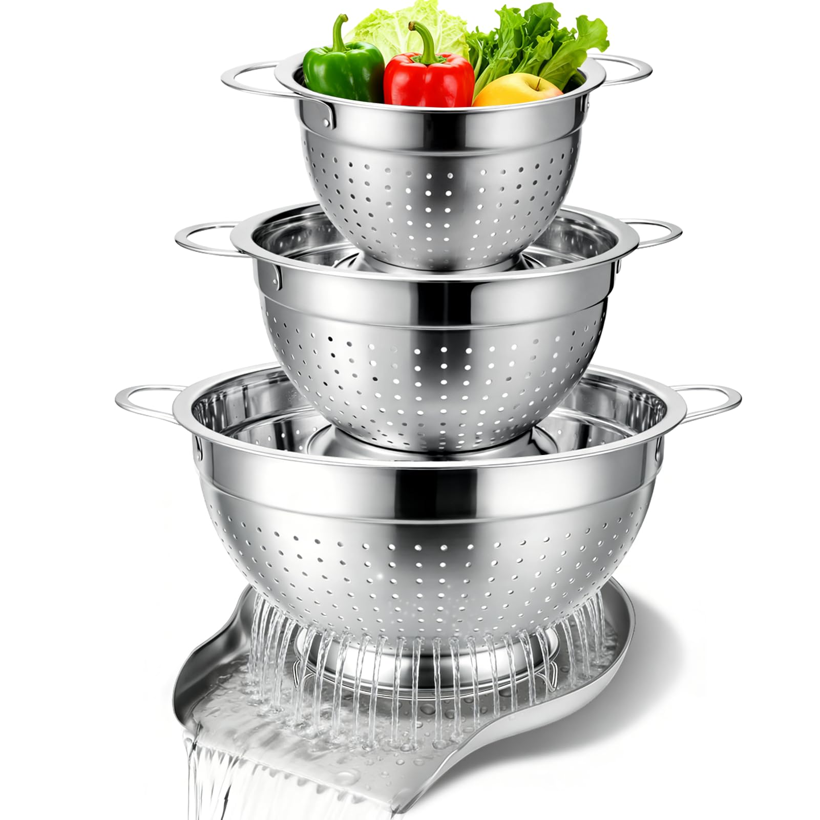 Photo 1 of Palksky Stainless Steel Colander Set with Handles & Self-Draining Base, 3 Sizes (7”, 9”, 11”), Heavy Duty Pasta Strainer, Rice & Vegetable Strainer, Countertop Draining System