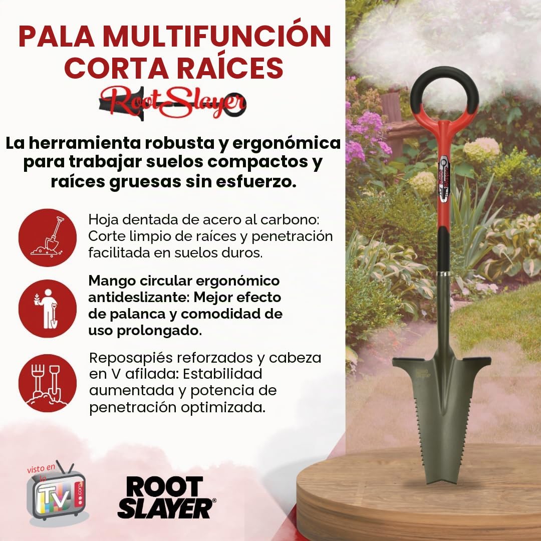 Venteo Pala de jardín Root Slayer Mango de Hoja Trapezoidal y Dientes Ultra Afilados de Acero carbono-114 cm, Rojo y Negro
