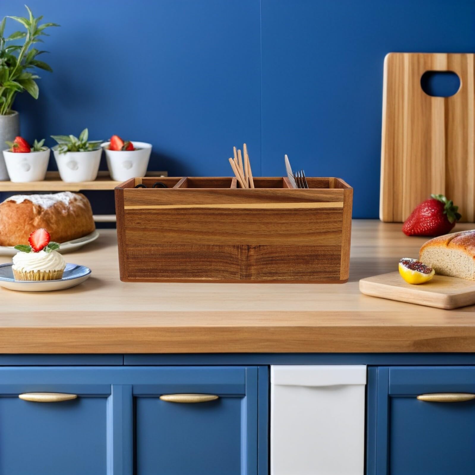 Gatuida Porte-Ustensiles Cuisine en Bois Massif à 4 Compartiments Organiseur d'Ustensiles Cuisine Rustique pour Plan de Travail Boîte de Rangement Compacte pour Couverts et Cuillères