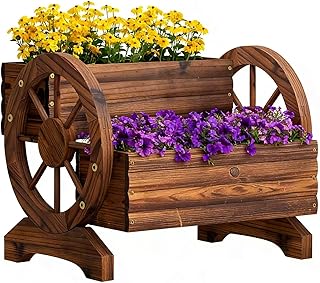 PULIJIAJU Garden Planter with Wheels, Wooden Wagon Box, Decorative Planter for Flowers Herbs Vegetables for Indoor & Outdoor Décor Flower Cart for Patio Garden Balcony (Carbonized)