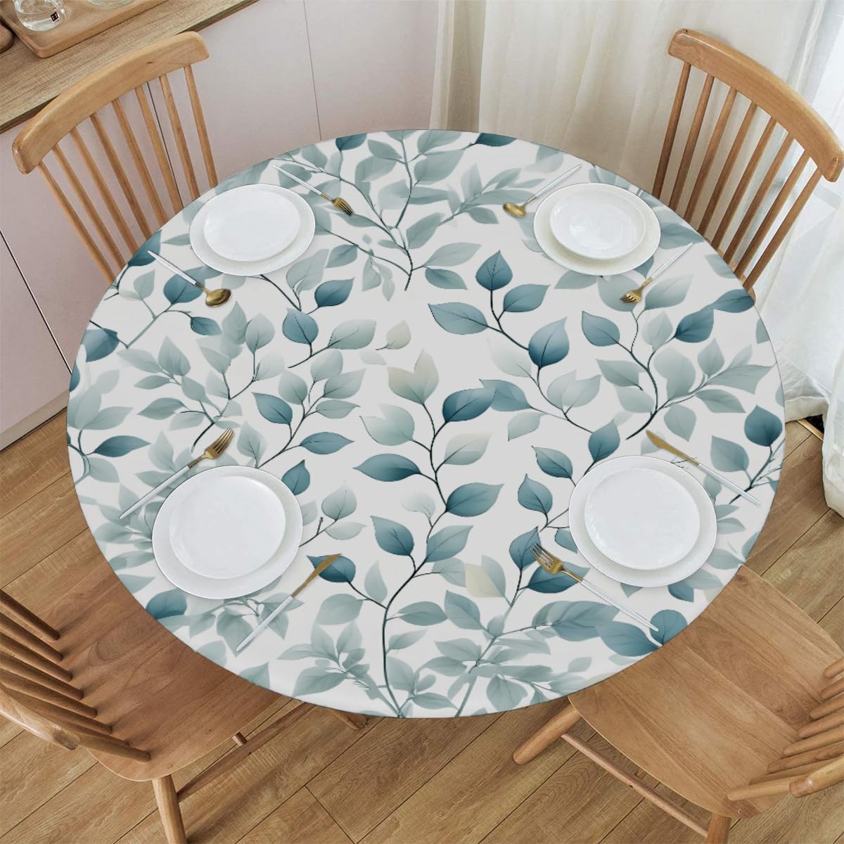 Watercolor Leaves Fitted Round Tablecloth Spring Table Covers with Elastic Edge Waterproof Elastic Table Cloth Wipe Clean Table Cover for Dinner Outdoor Picnic, Fits Round Tables up to 45"- 50"