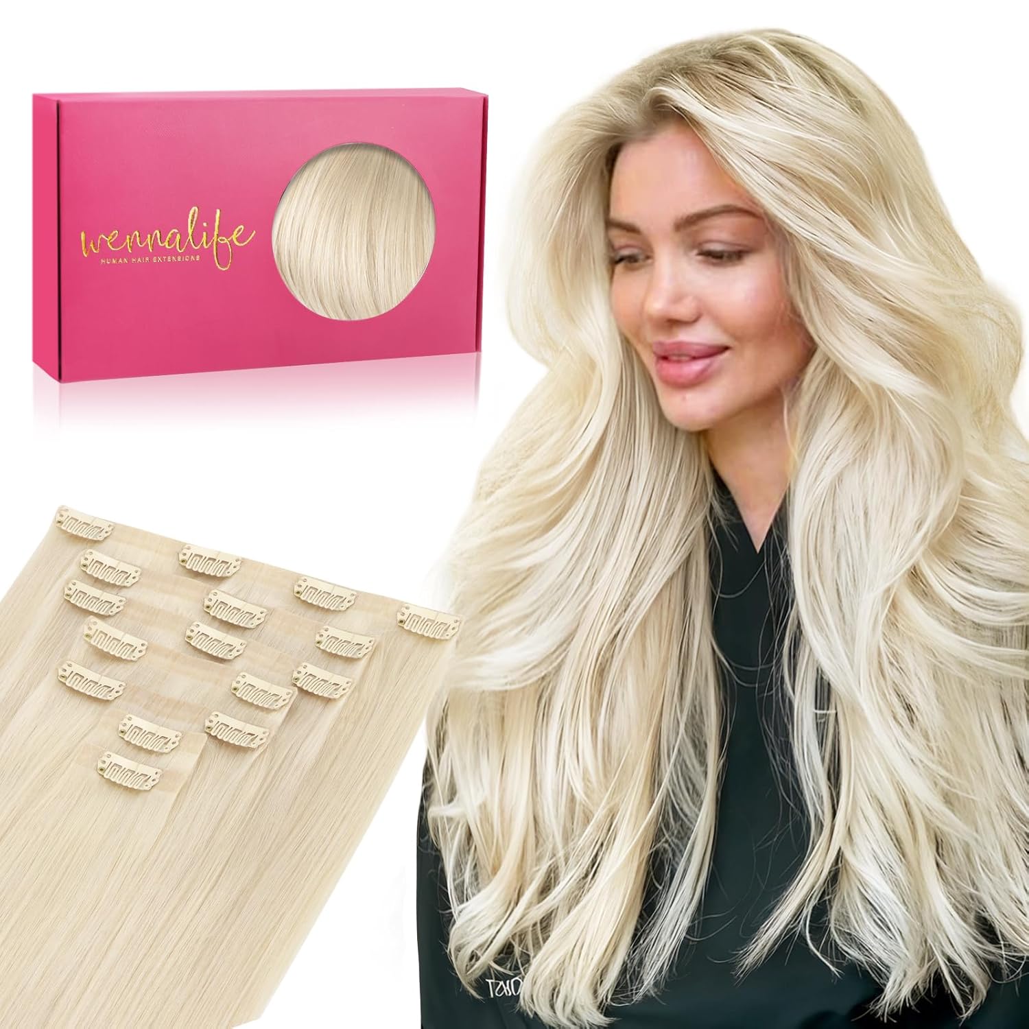 WENNALIFE Seamless Clip In Hair Extensions Human Hair, 18 Inch 130g 7pcs Platinum Blonde Real Hair Extensions Clip in Human Hair Invisible PU Skin Weft Natural Remy Human Hair Extensions
